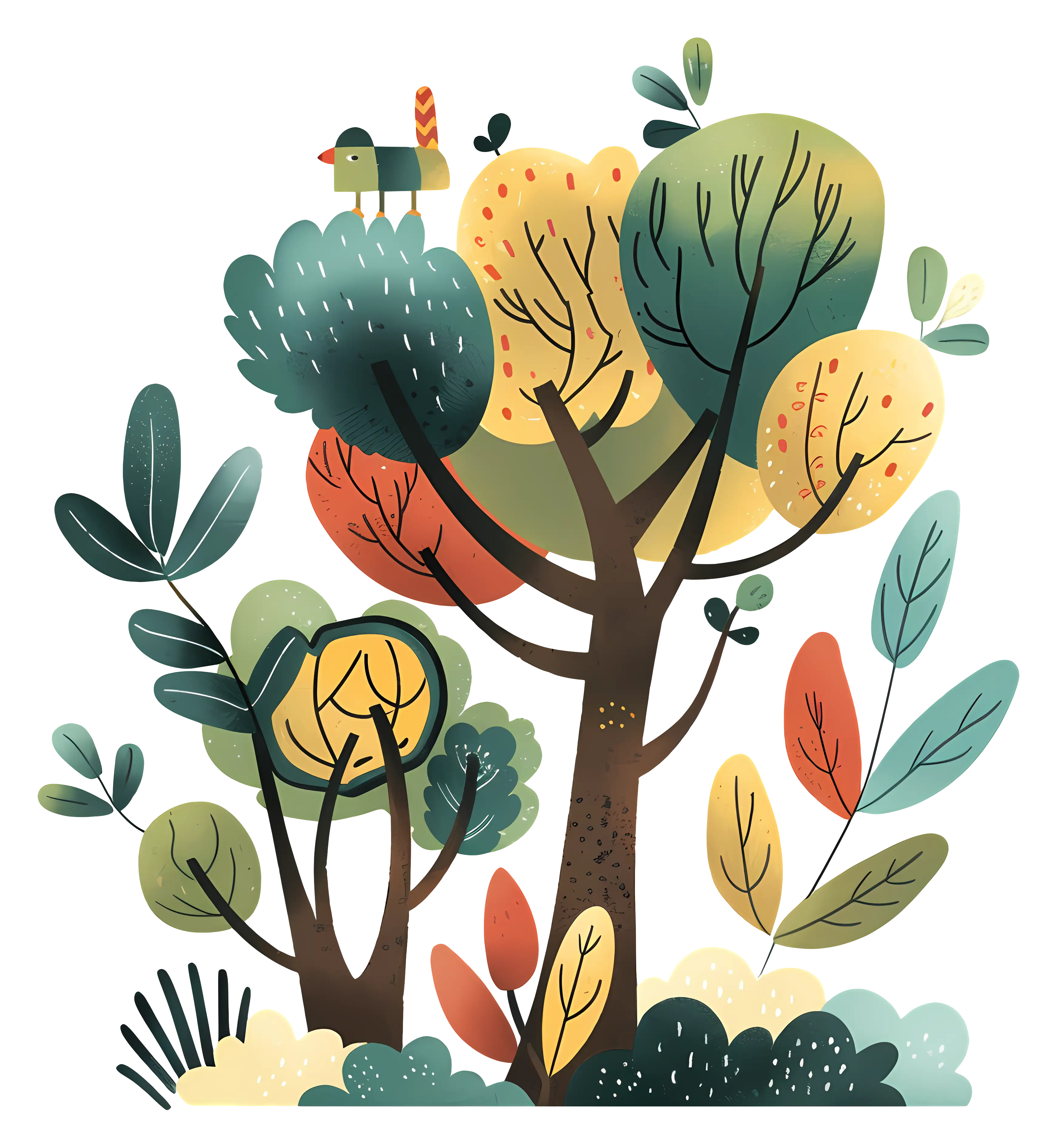 Colorful Trees with Bird Illustration