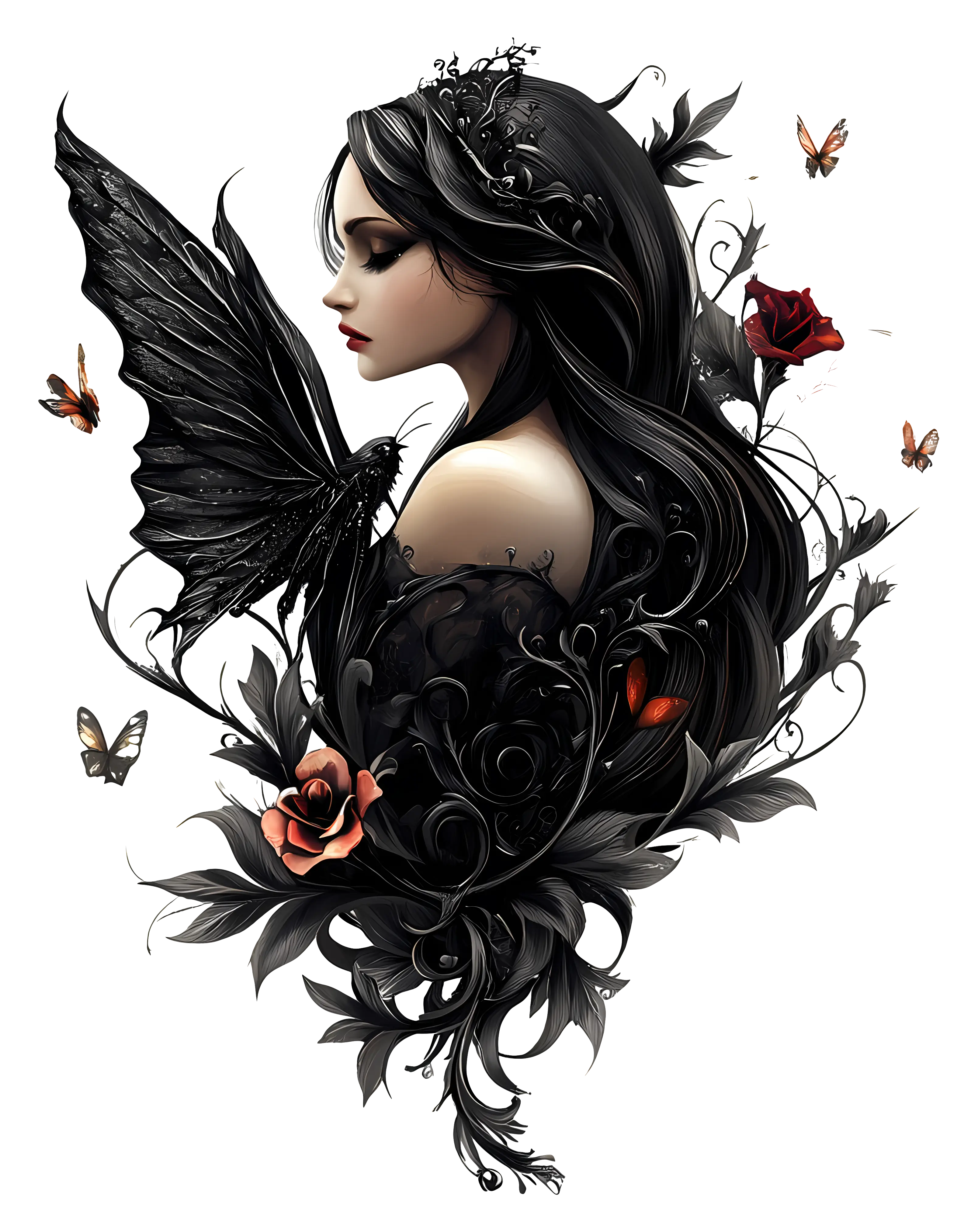 Dark Fairy with Roses and Butterflies