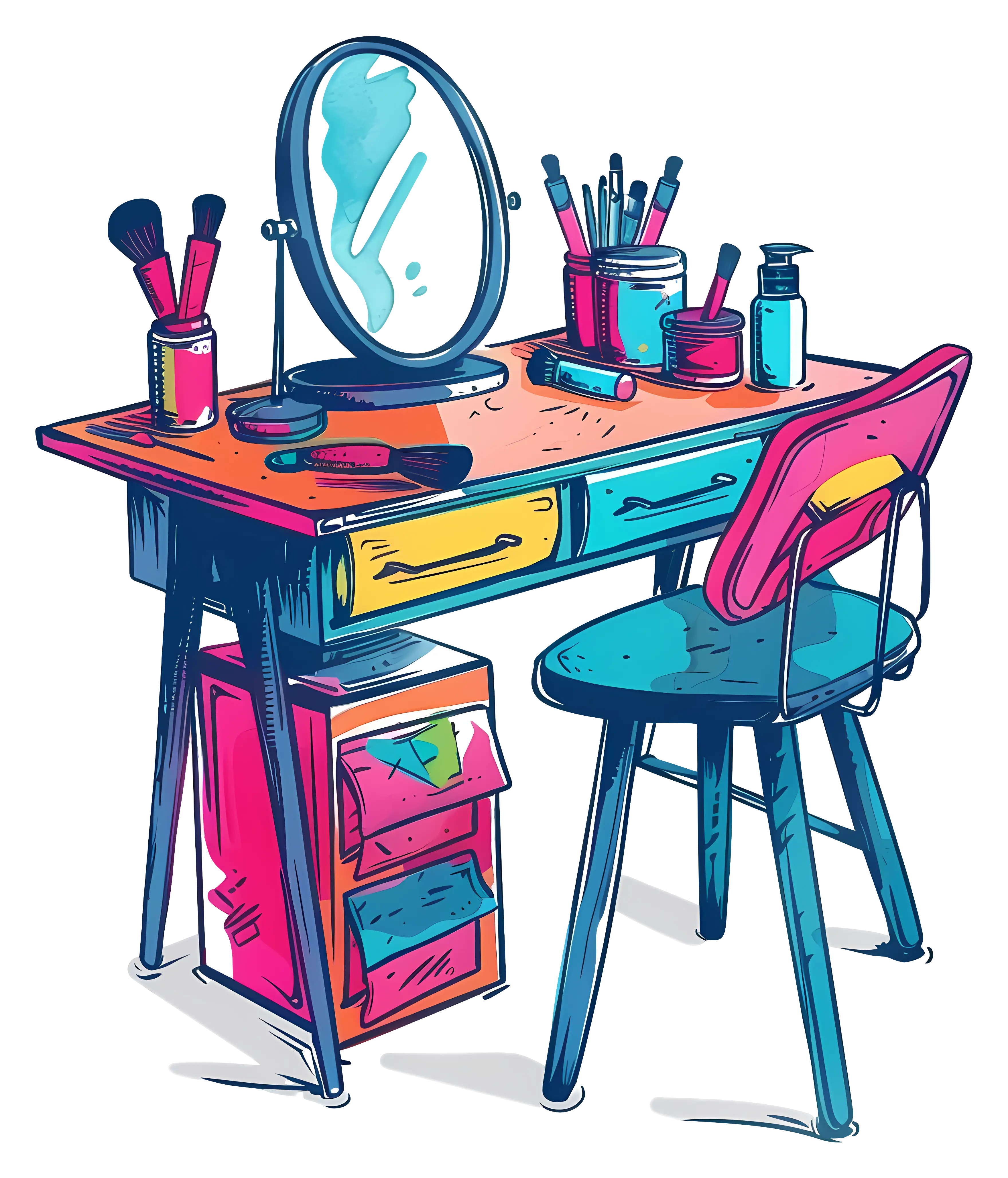 Colorful Vanity Table with Mirror and Accessories