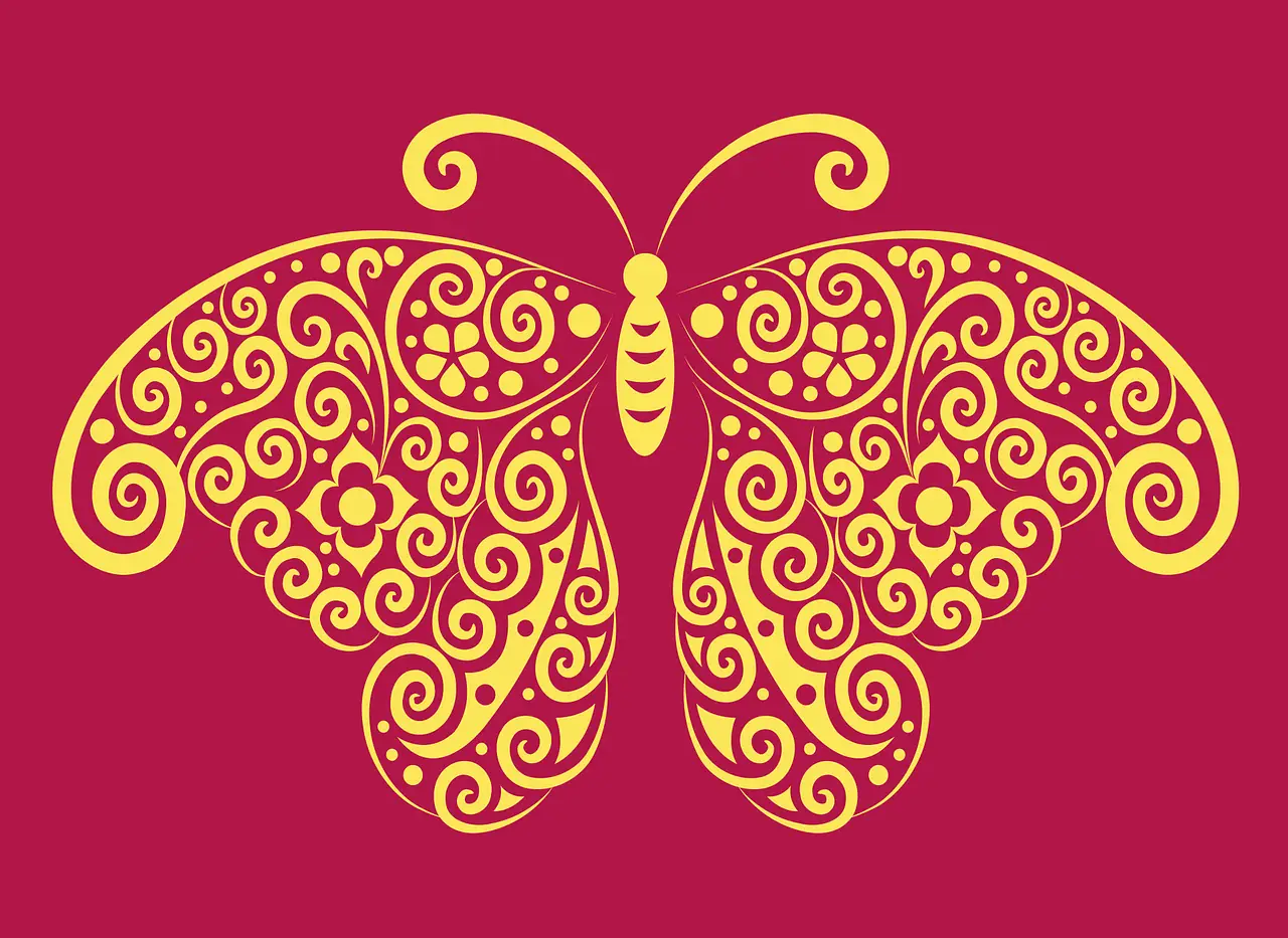 Yellow Patterned Butterfly on Red Background