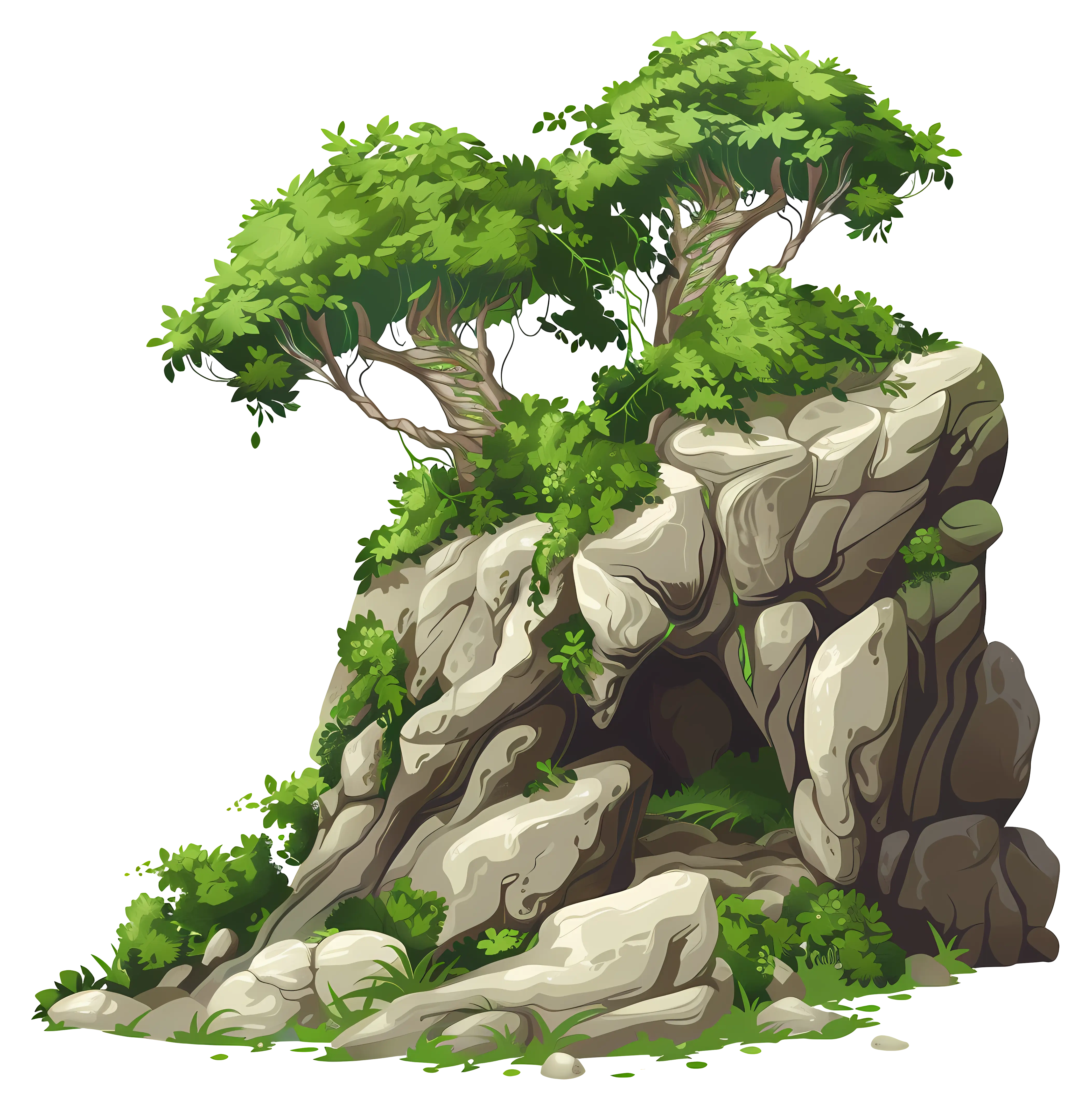 Lush Trees on Cave Rocky Hill Illustration