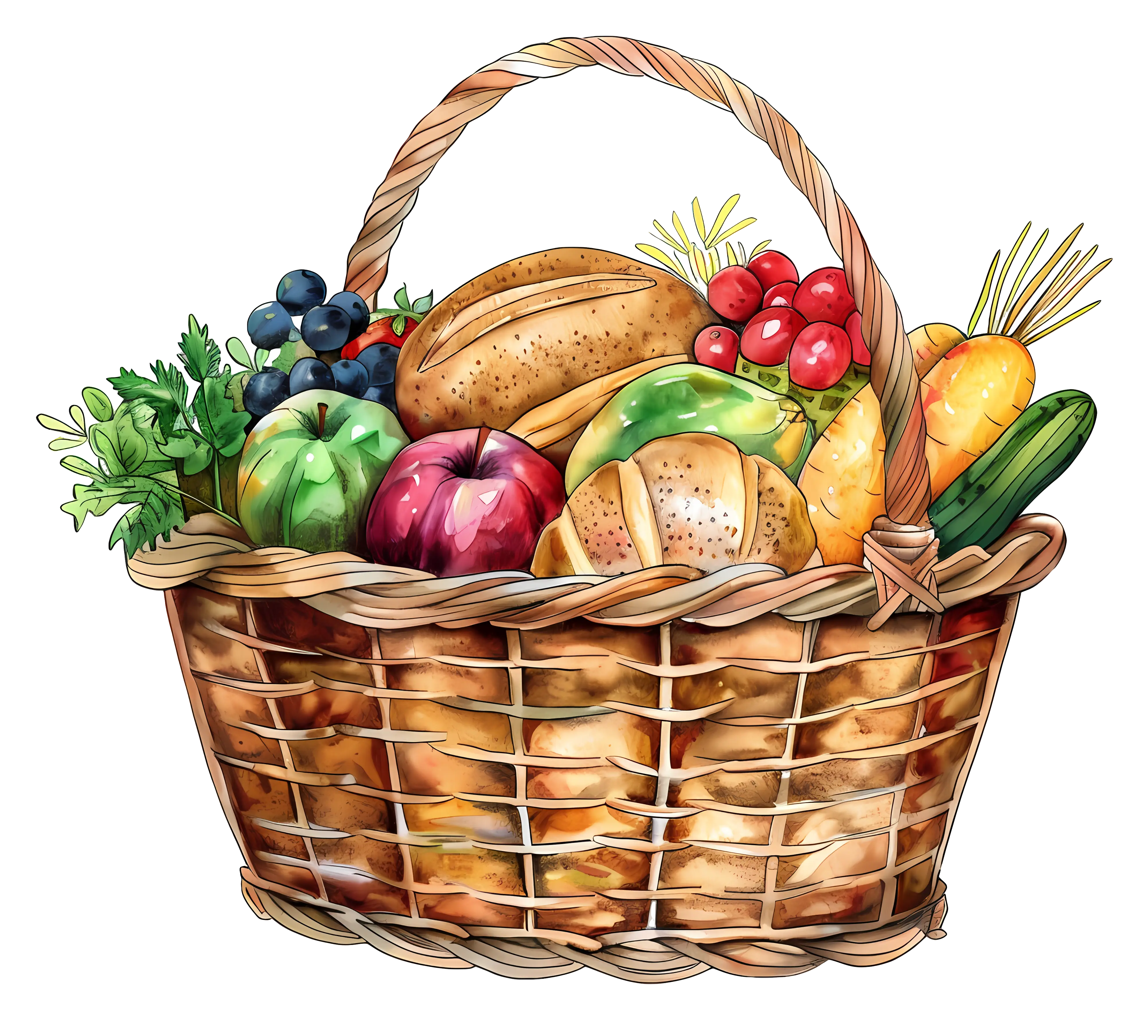 Basket of Fruits, Vegetables, and Bread