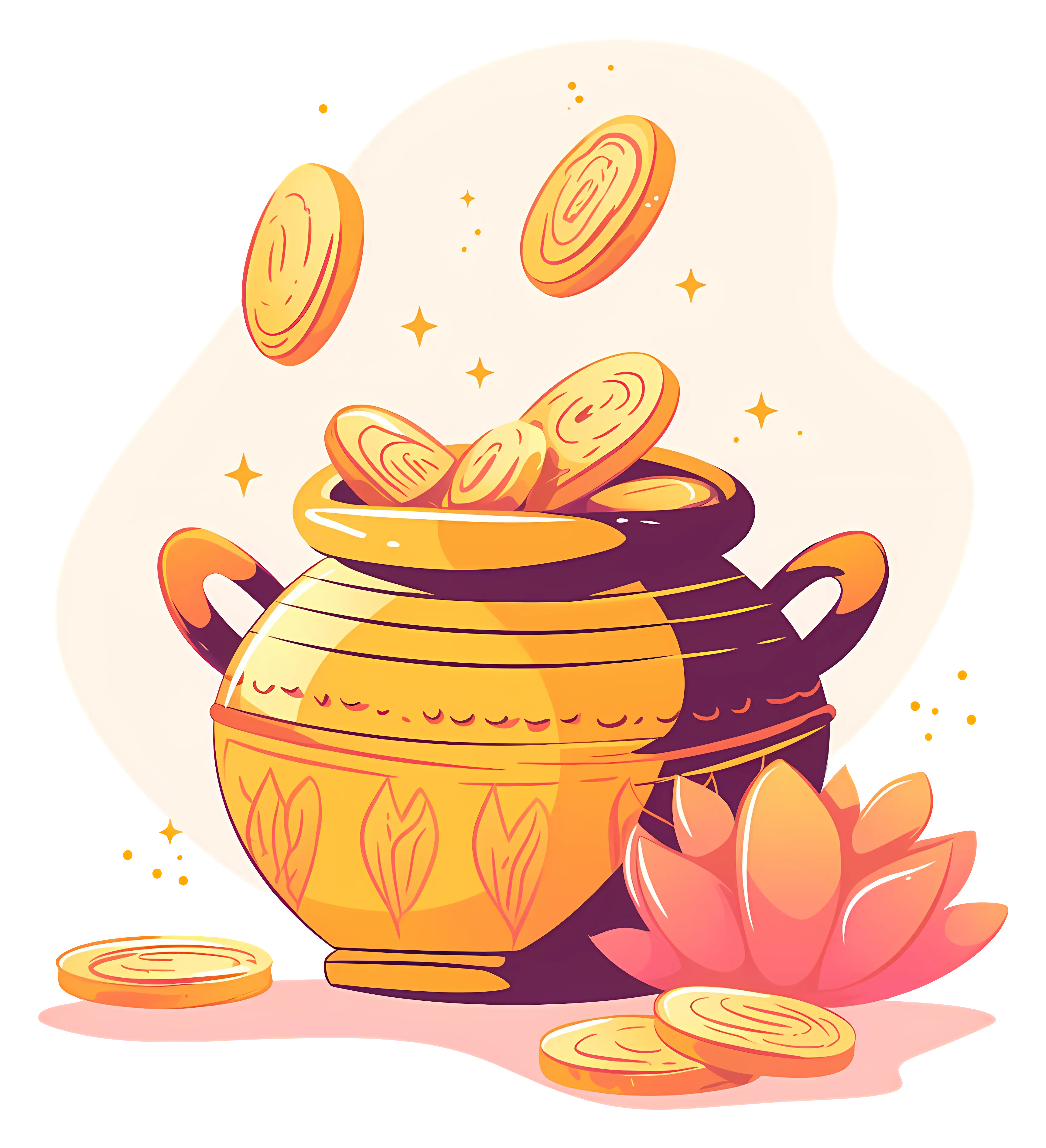 Golden Pot with Coins and Lotus