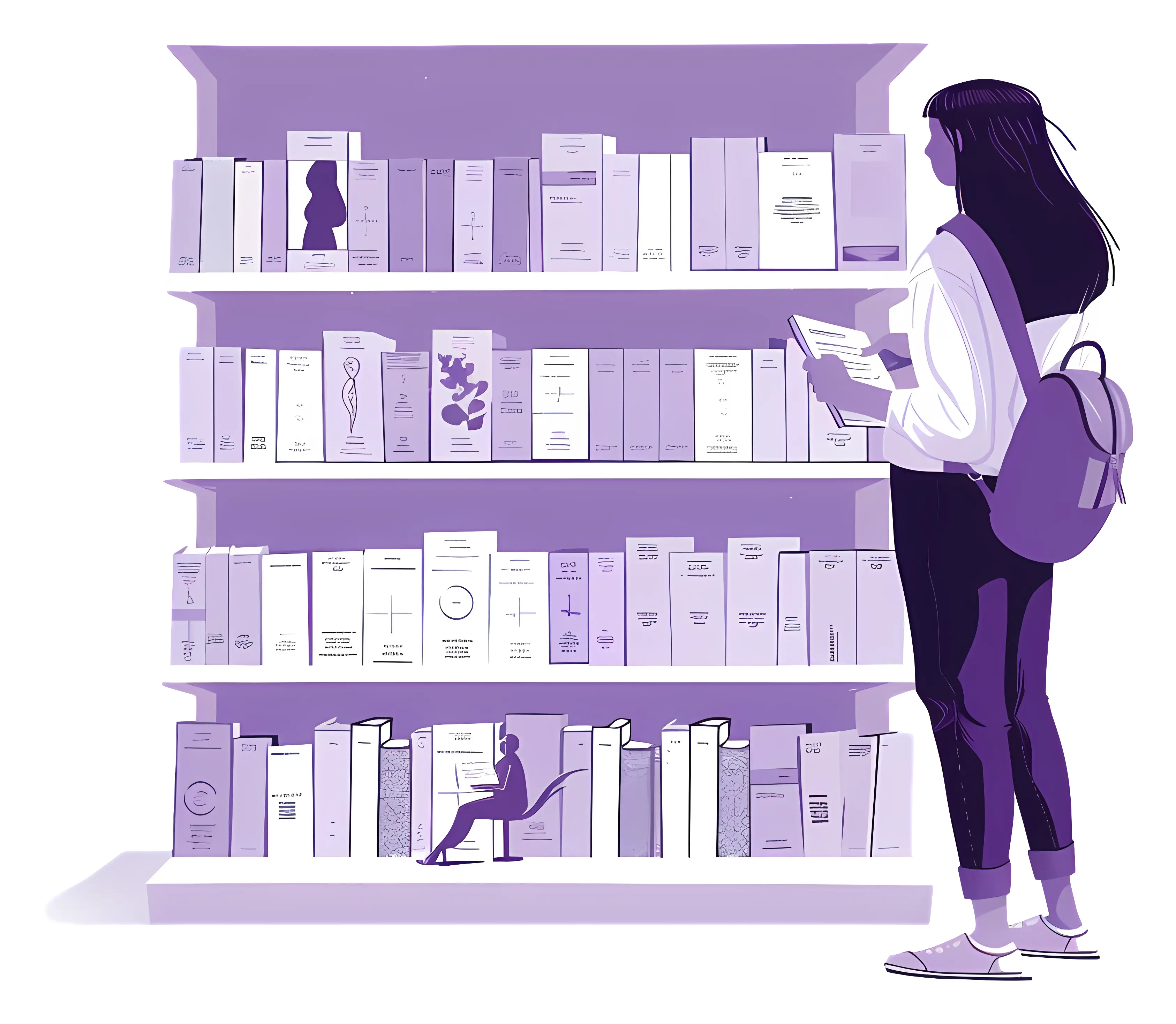 Purple Bookshelf with a Reader
