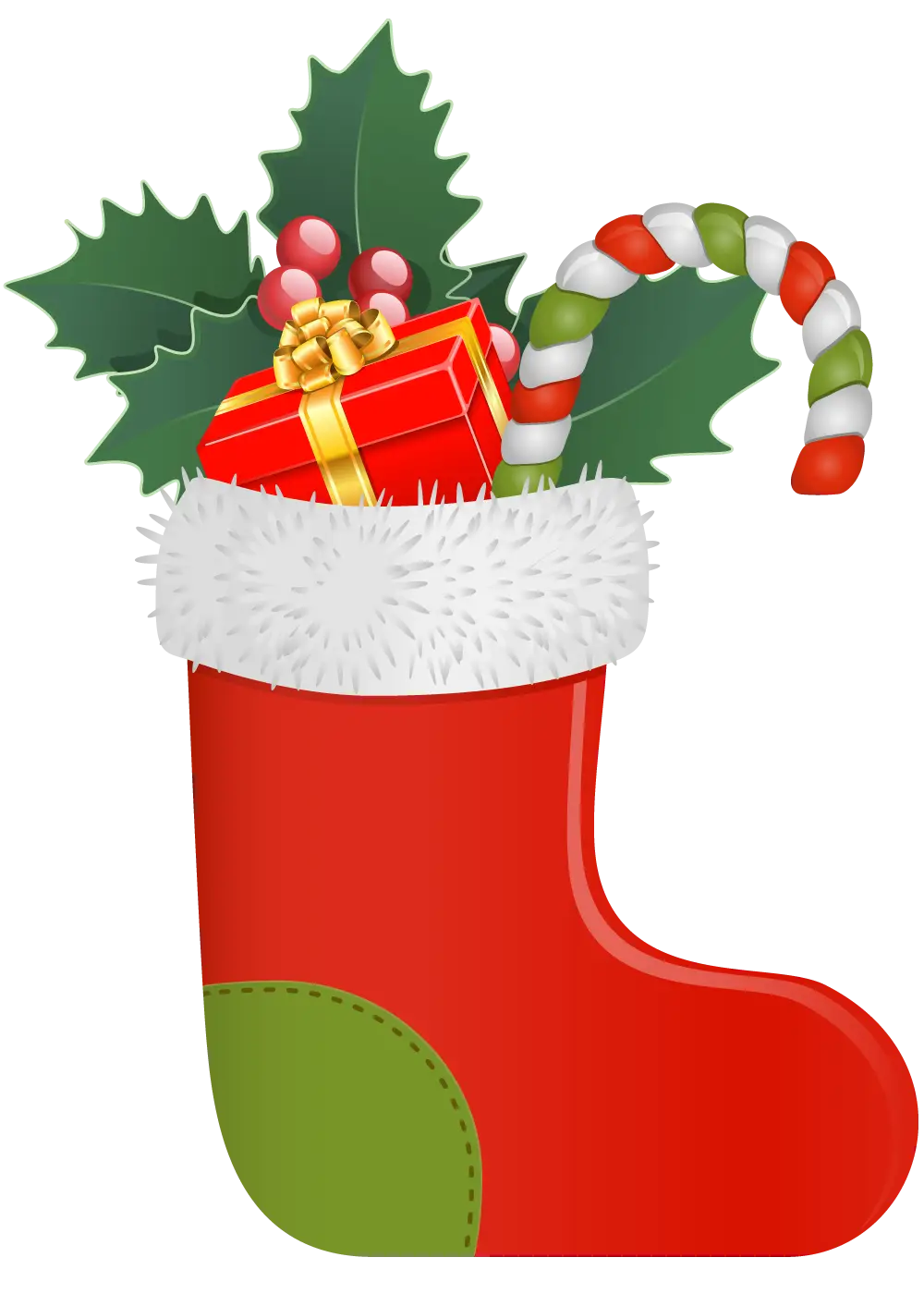 Red Christmas Stocking Filled with Gifts and Candy