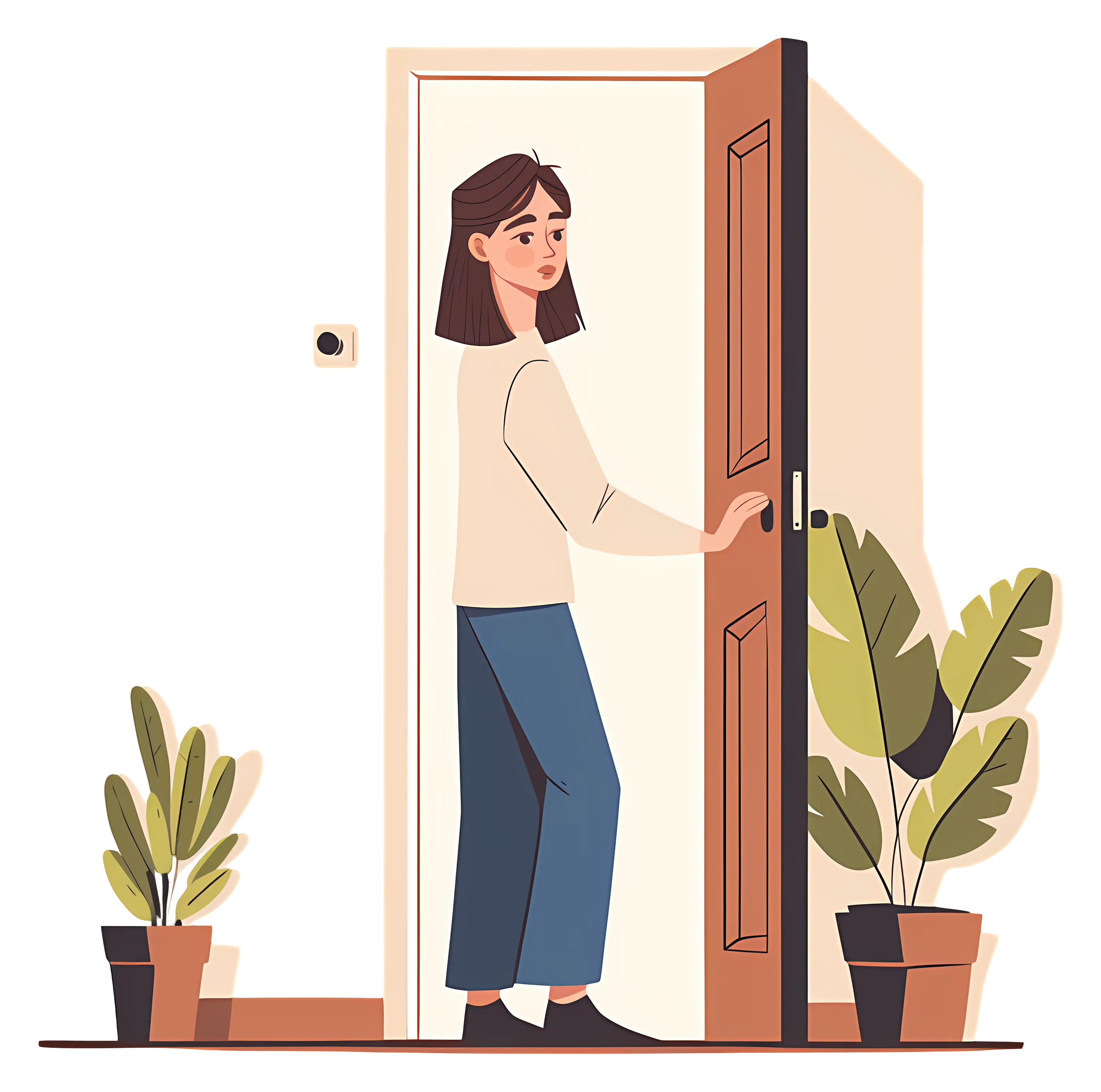 Woman Opening Door with Plants