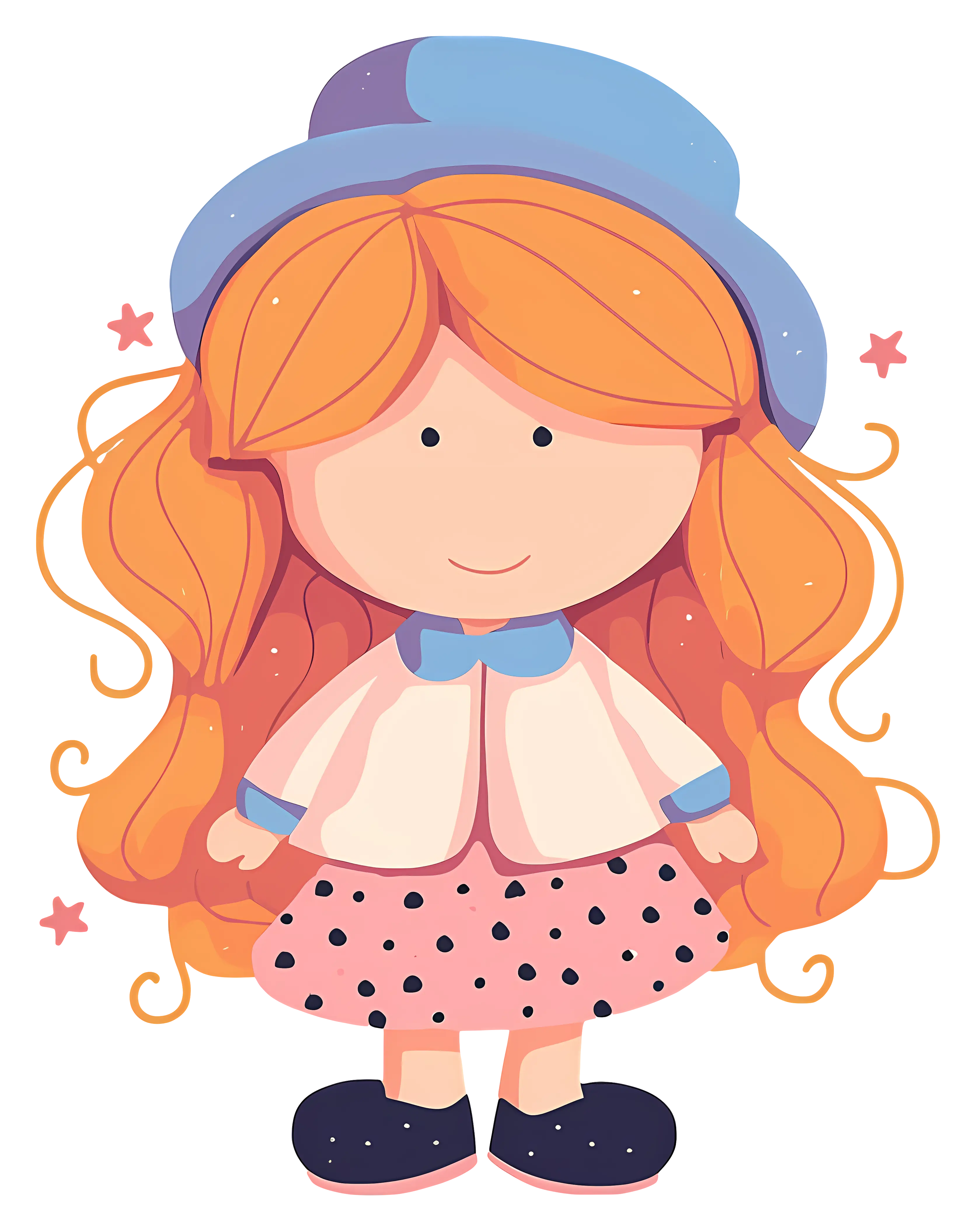 Cute Cartoon Doll with Orange Hair and Polka Dot Skirt