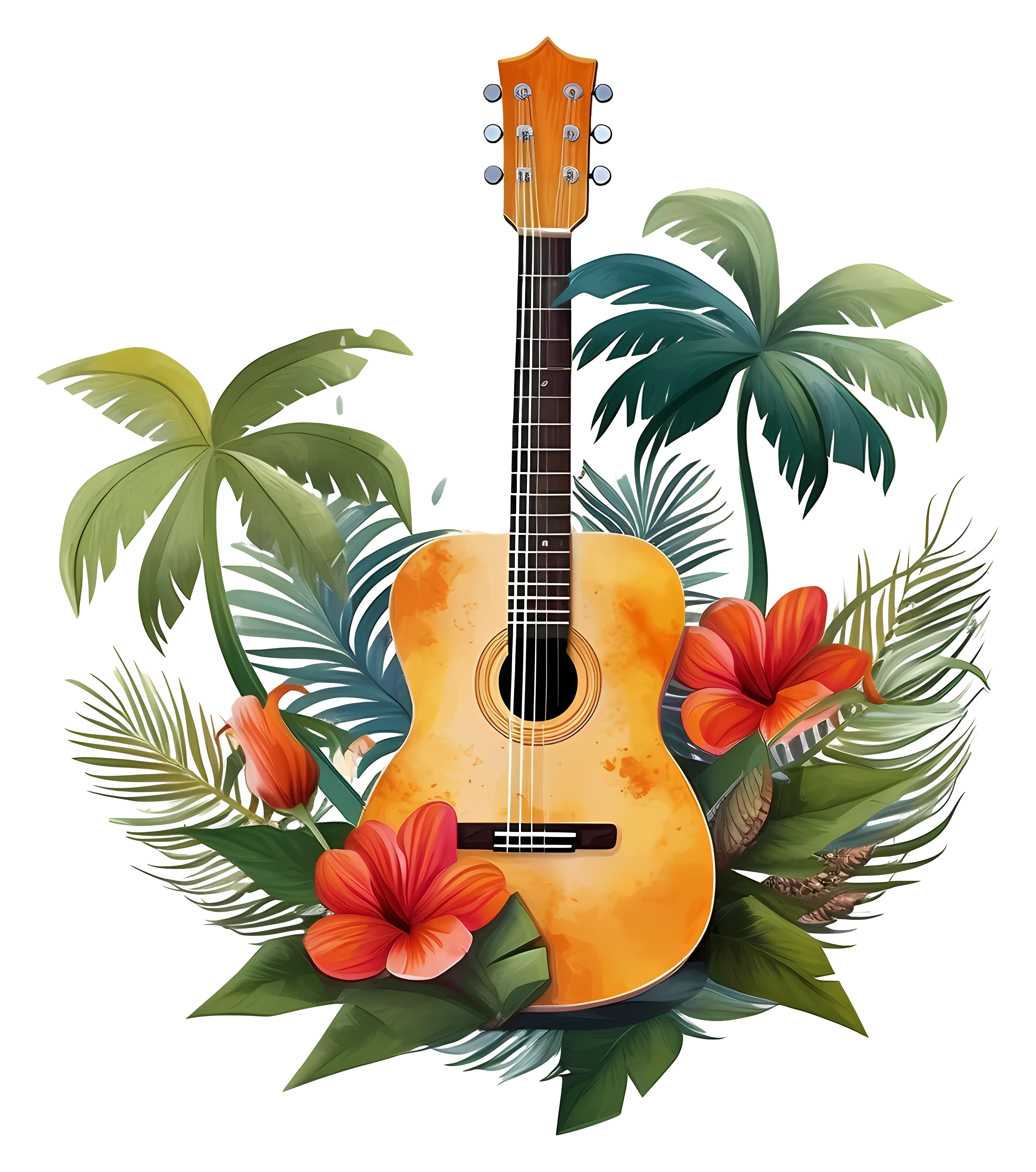 Yellow Guitar with Palm Trees and Tropical Flowers