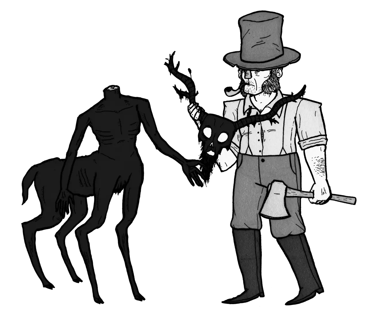 Headless Creature and Man with Top Hat and Axe