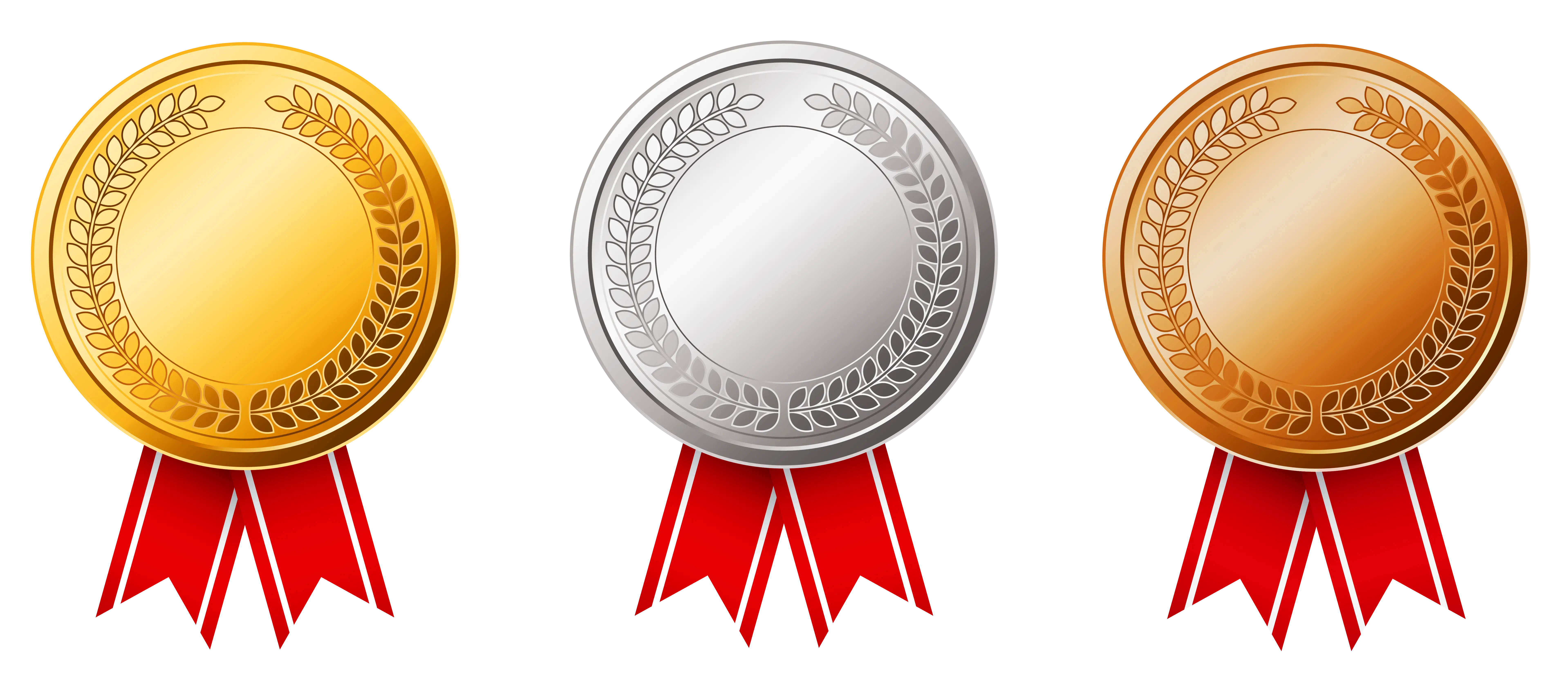 Gold, Silver, and Bronze Medals with Red Ribbons