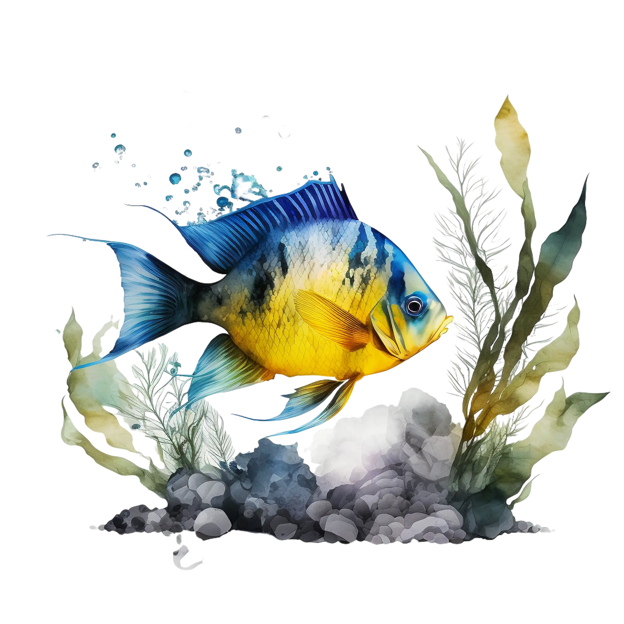 Yellow and Blue Fish with Aquatic Plants
