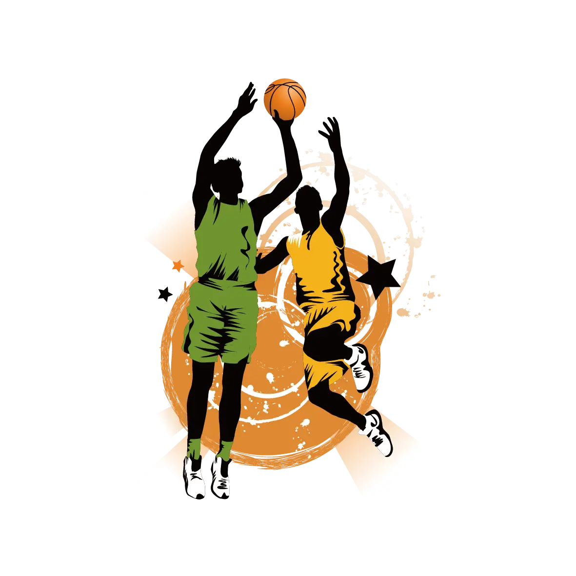 Basketball Players Actively Jumping to Score
