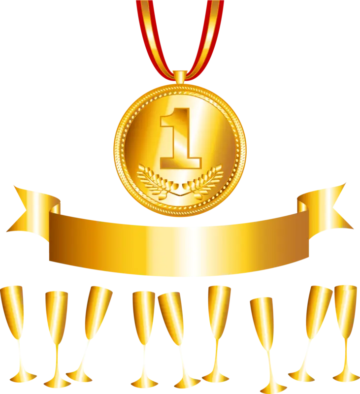 Gold Medal with Ribbon and Champagne Glasses