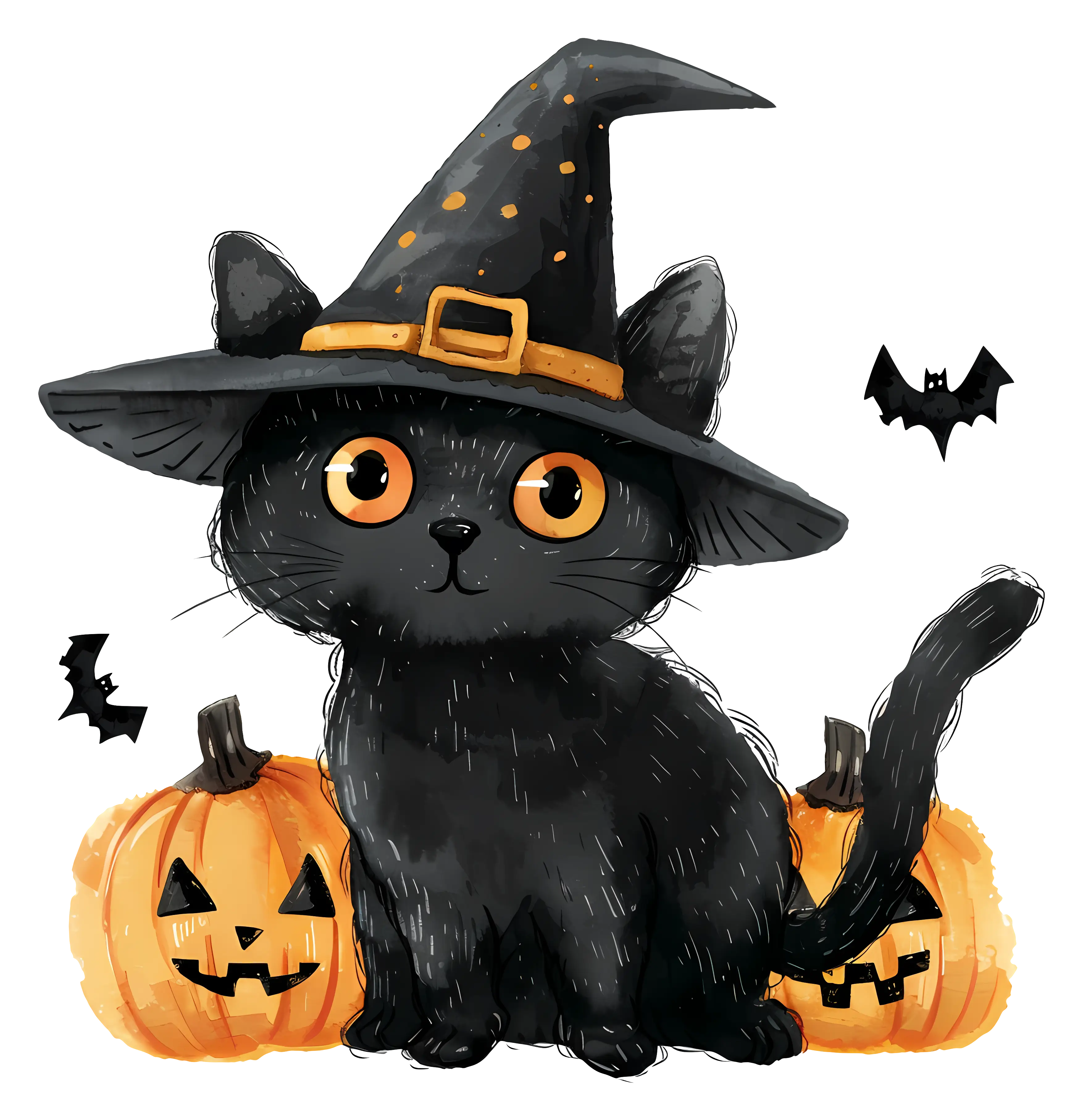 Black Cat in Witch Hat with Pumpkins for Halloween
