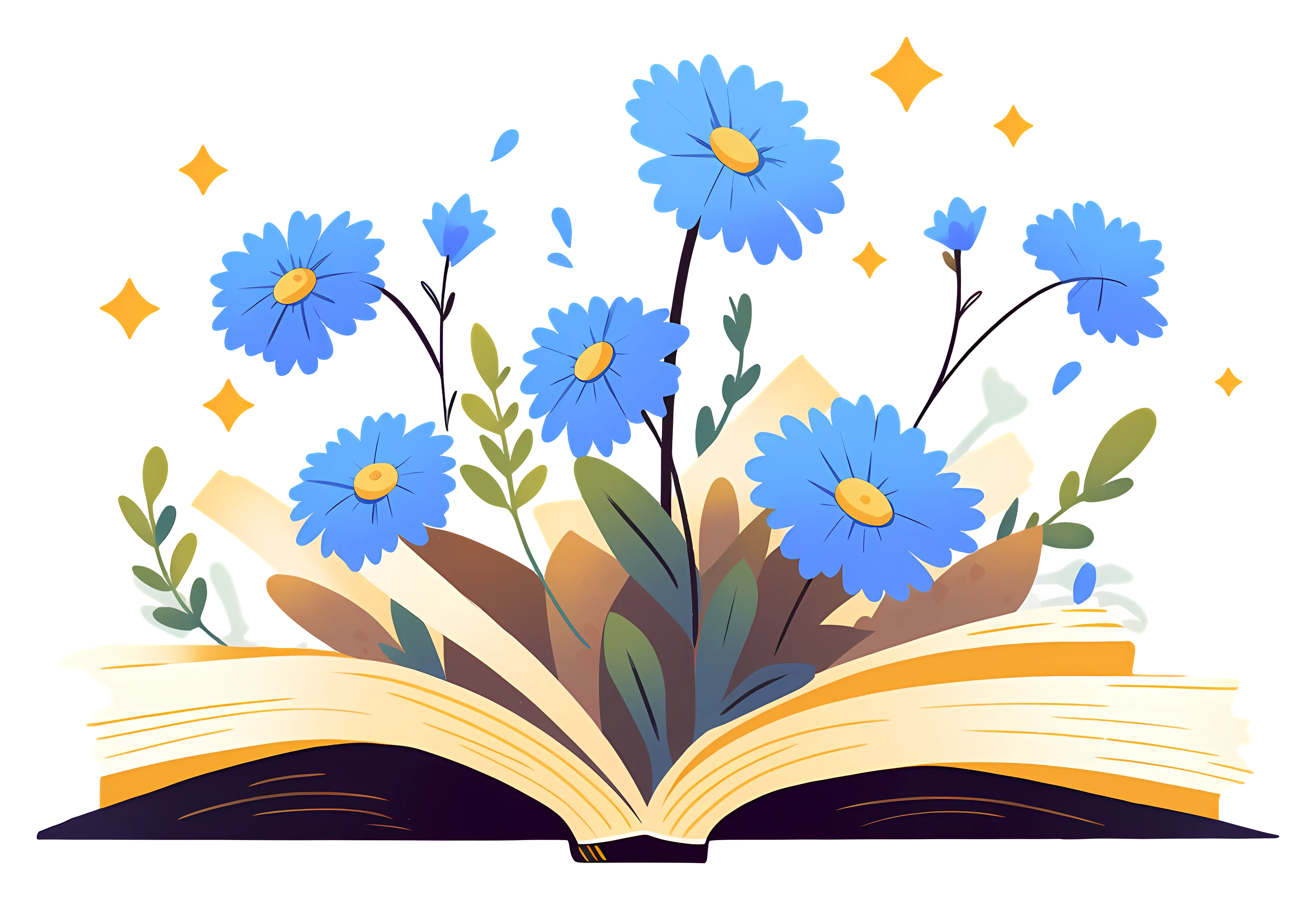 Open Book with Blue Flowers Springing Out