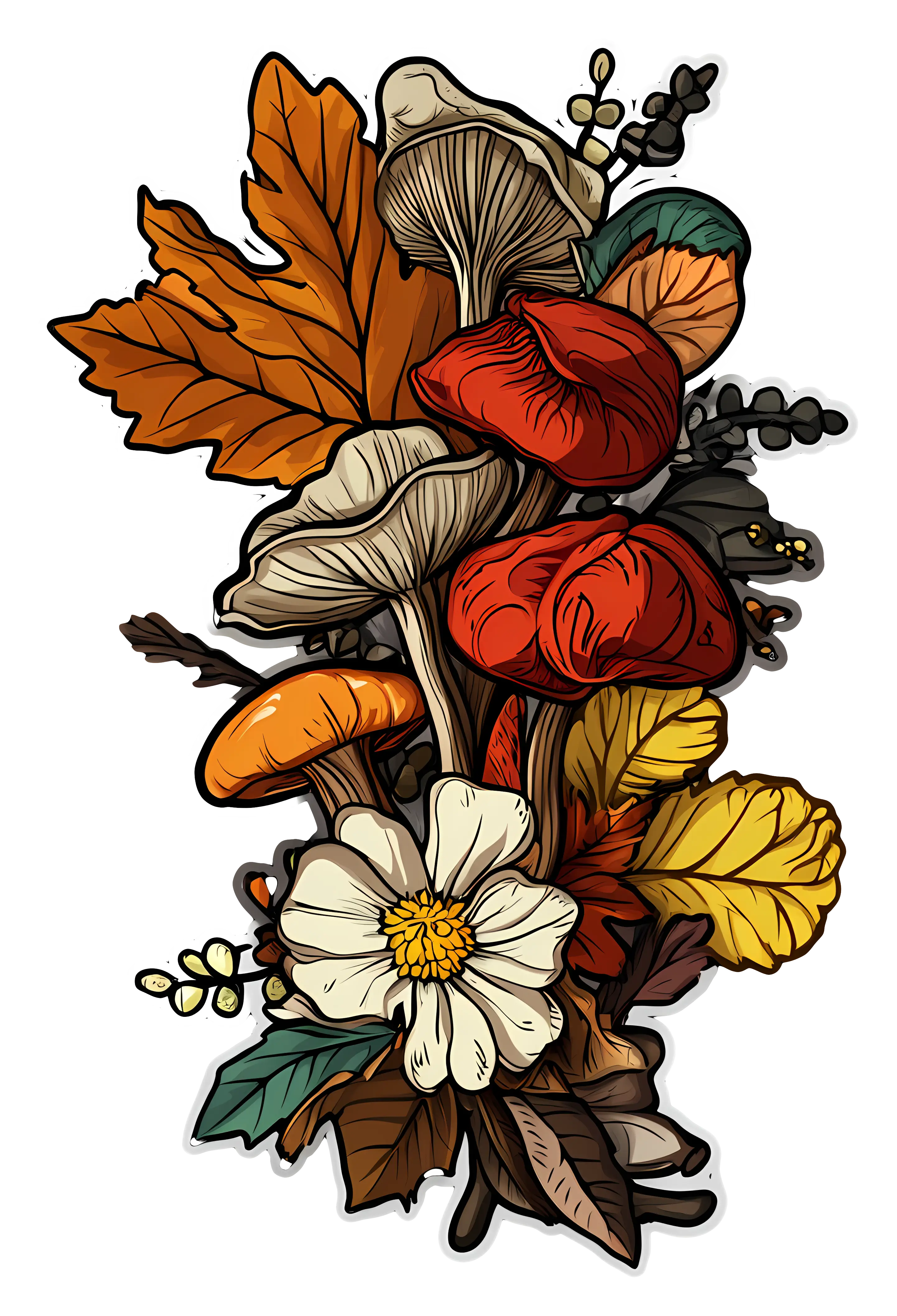 Colorful Mushroom and Leaves Arrangement