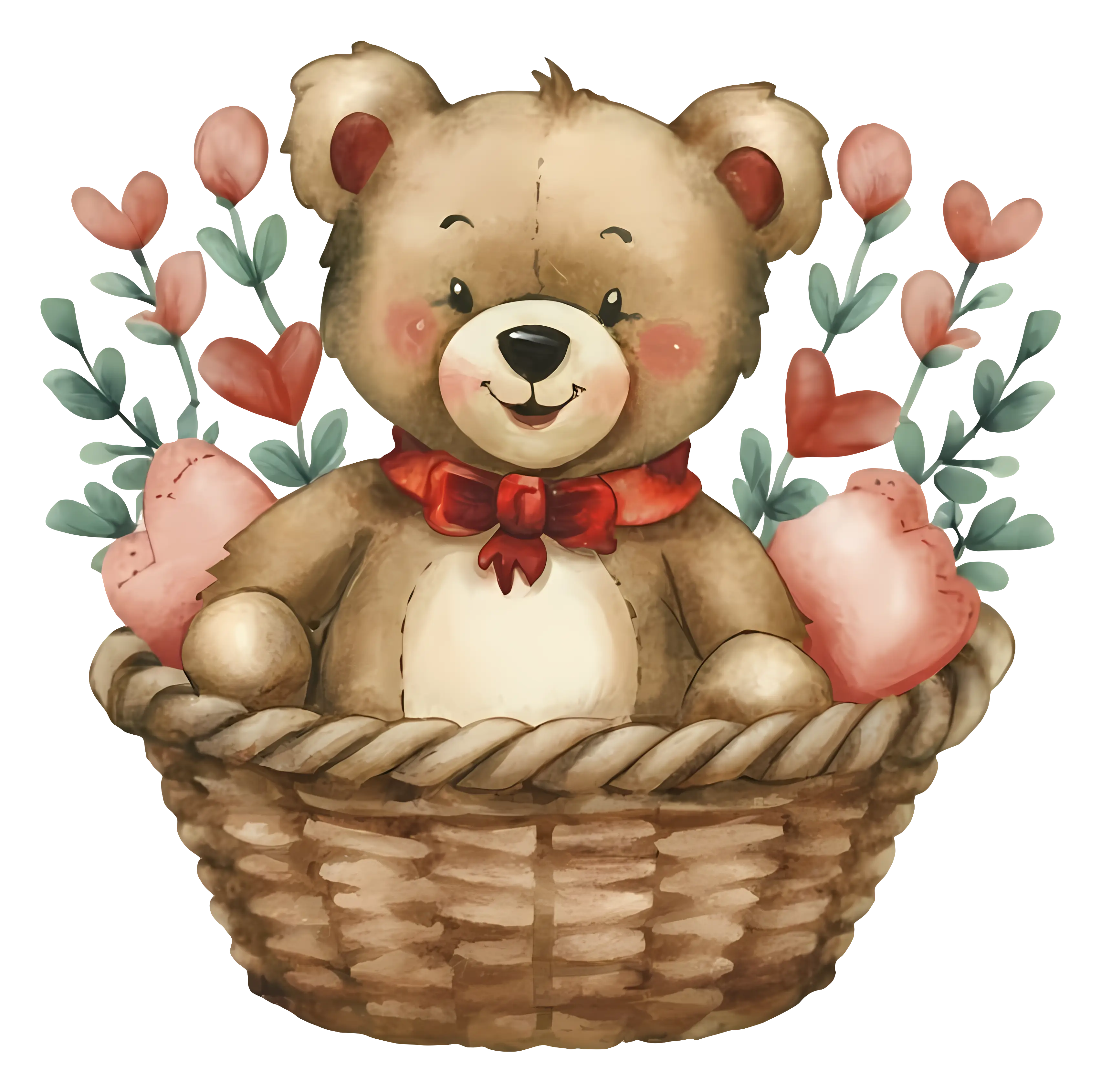 Adorable Teddy Bear in a Basket with Flowers