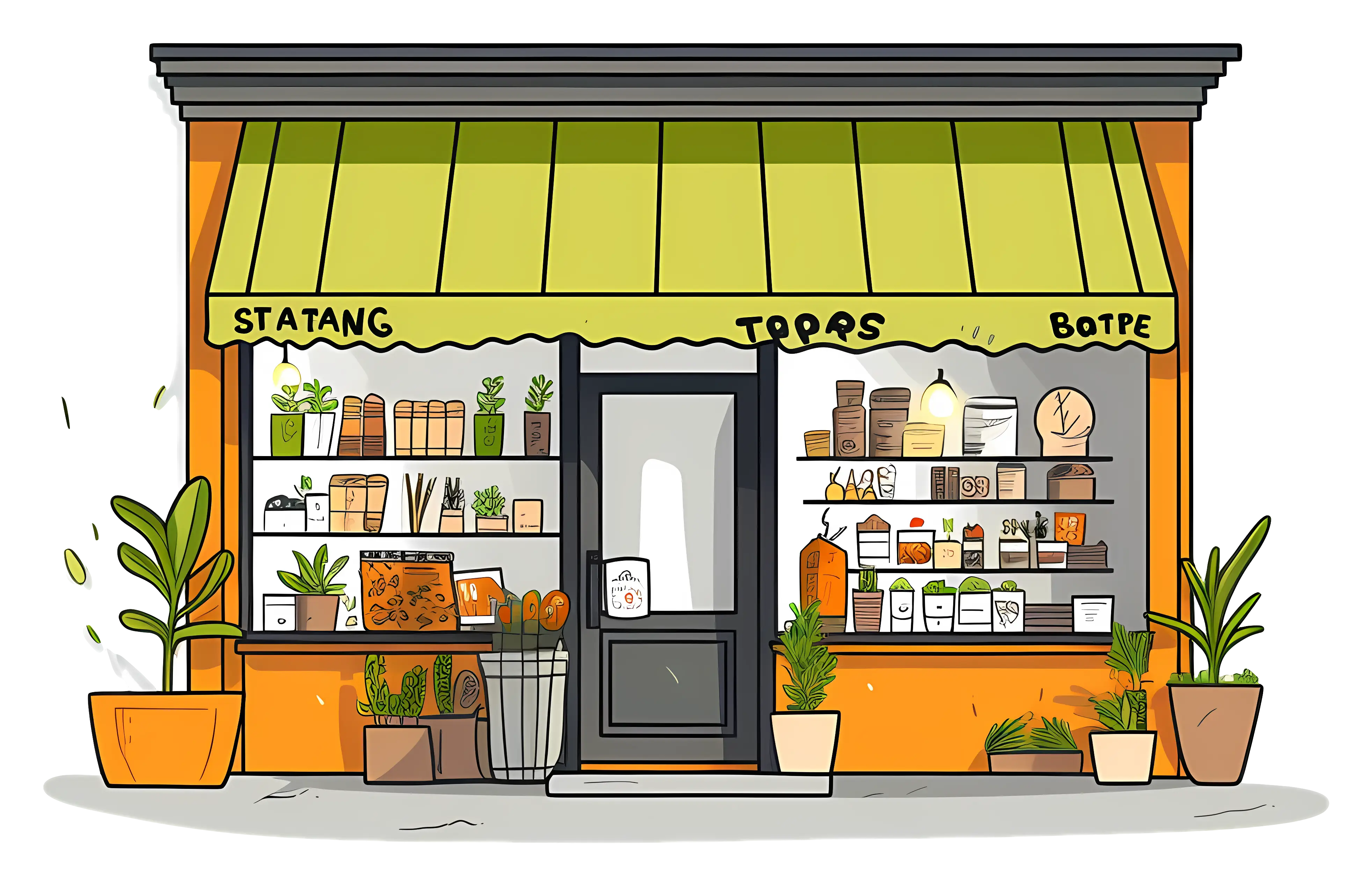 Illustrated Cozy Storefront with Green Awning and Plants