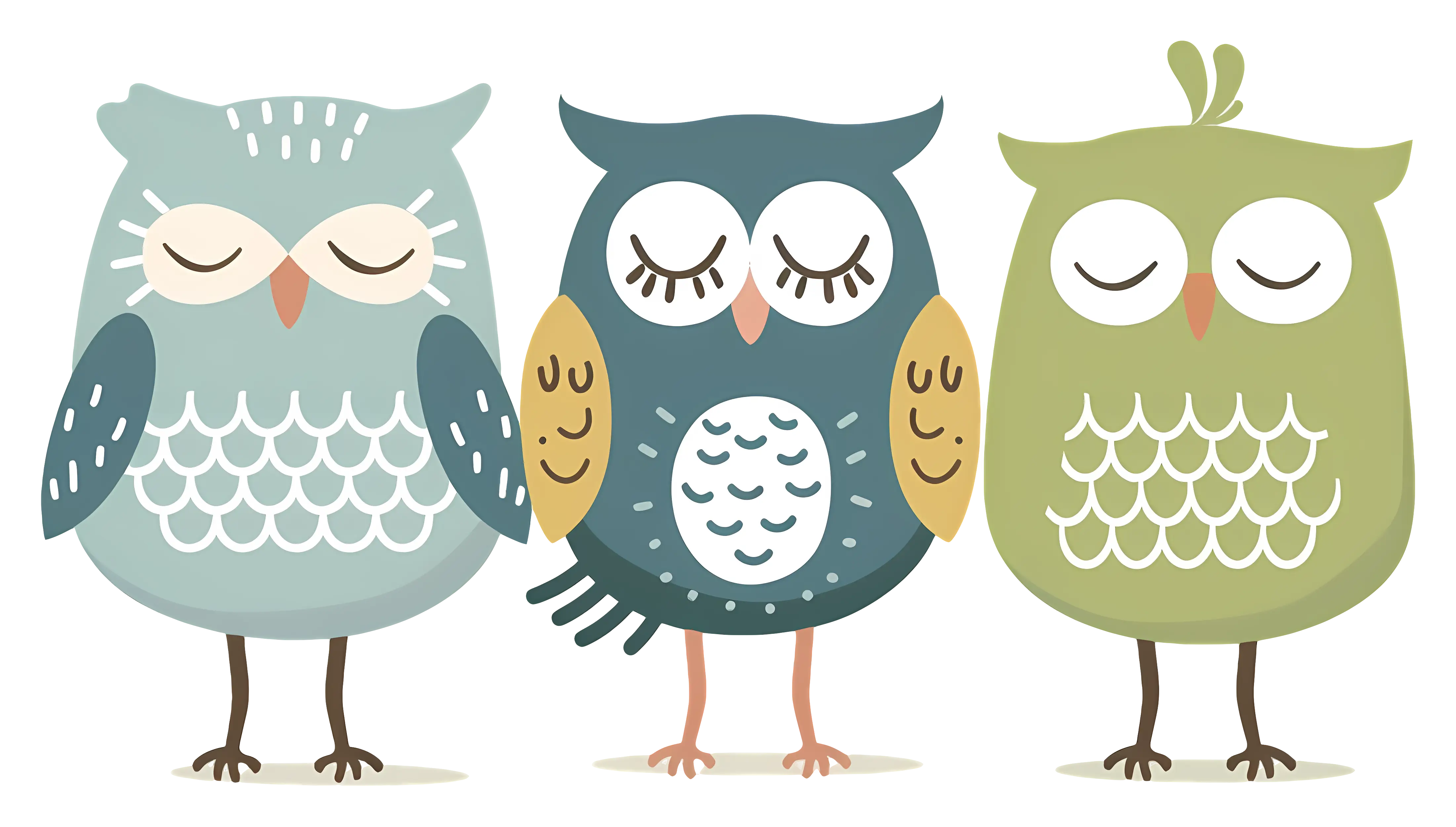 Three Cartoon Owls with Closed Eyes