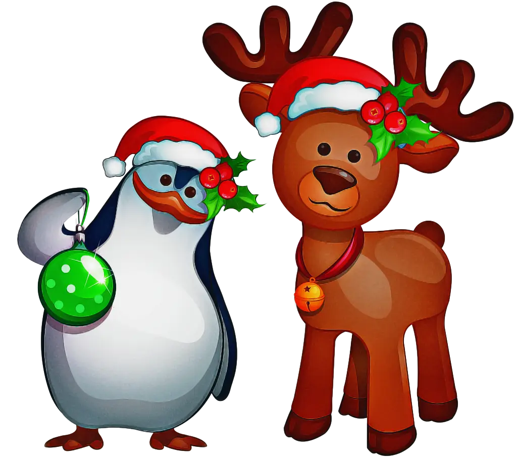 Penguin and Reindeer in Christmas Scene