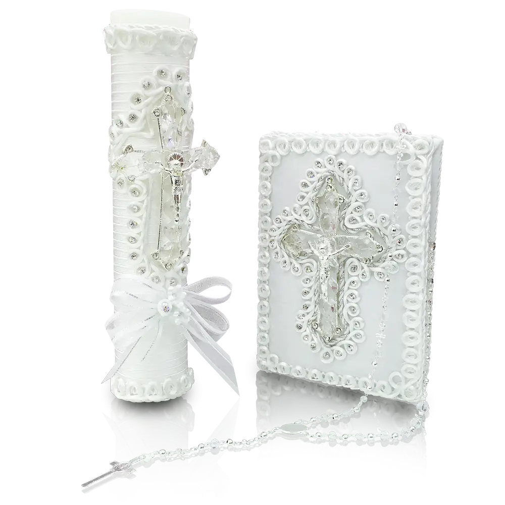 White Candle and Bible with Cross
