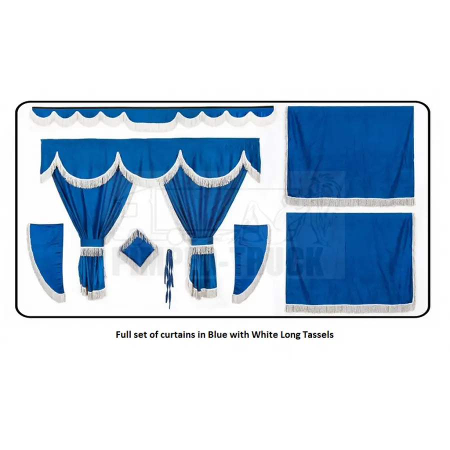 Full Set of Blue Curtains with White Tassels