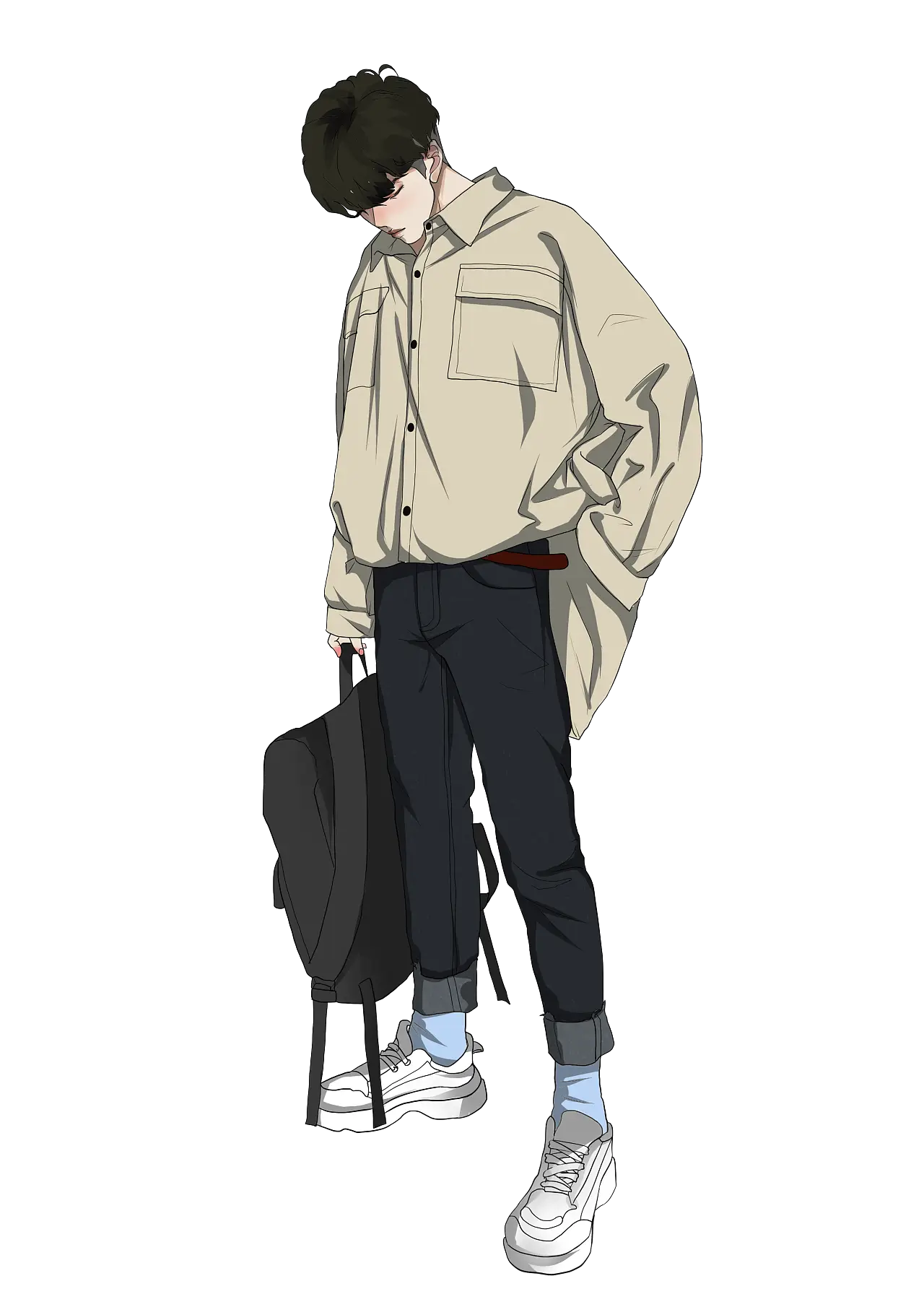 Fashionable Boy Character with Oversized Shirt and Backpack