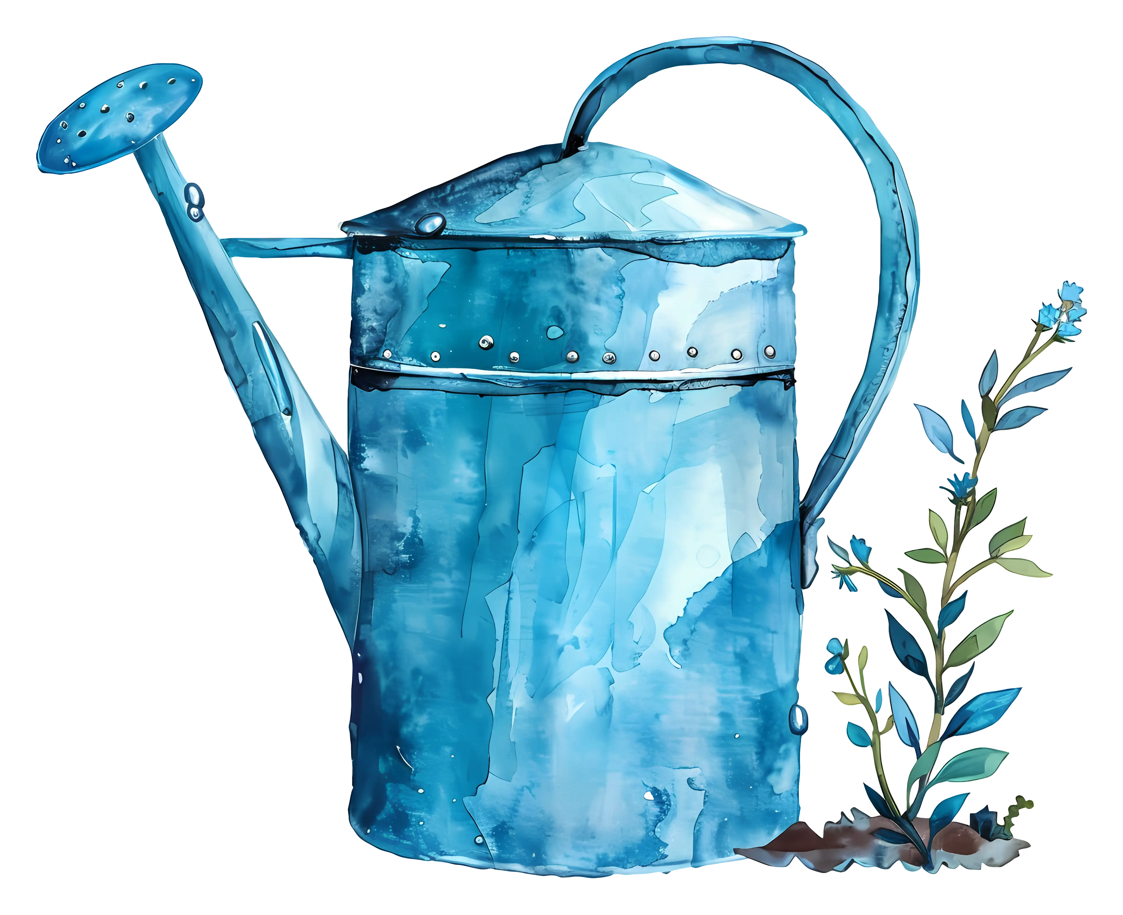 Blue Watering Can with Plant