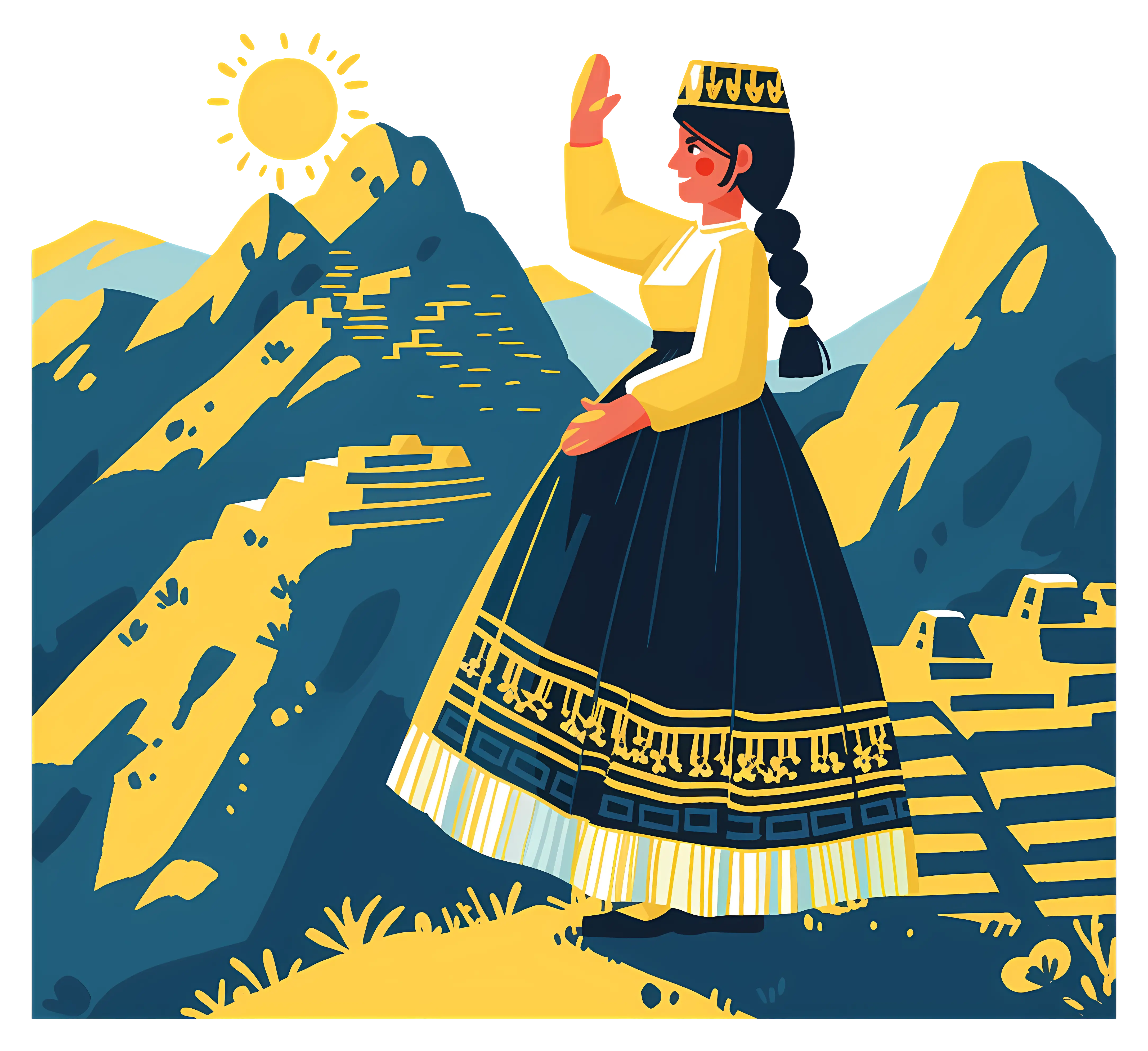 Woman in Traditional Dress with Mountain Scenery