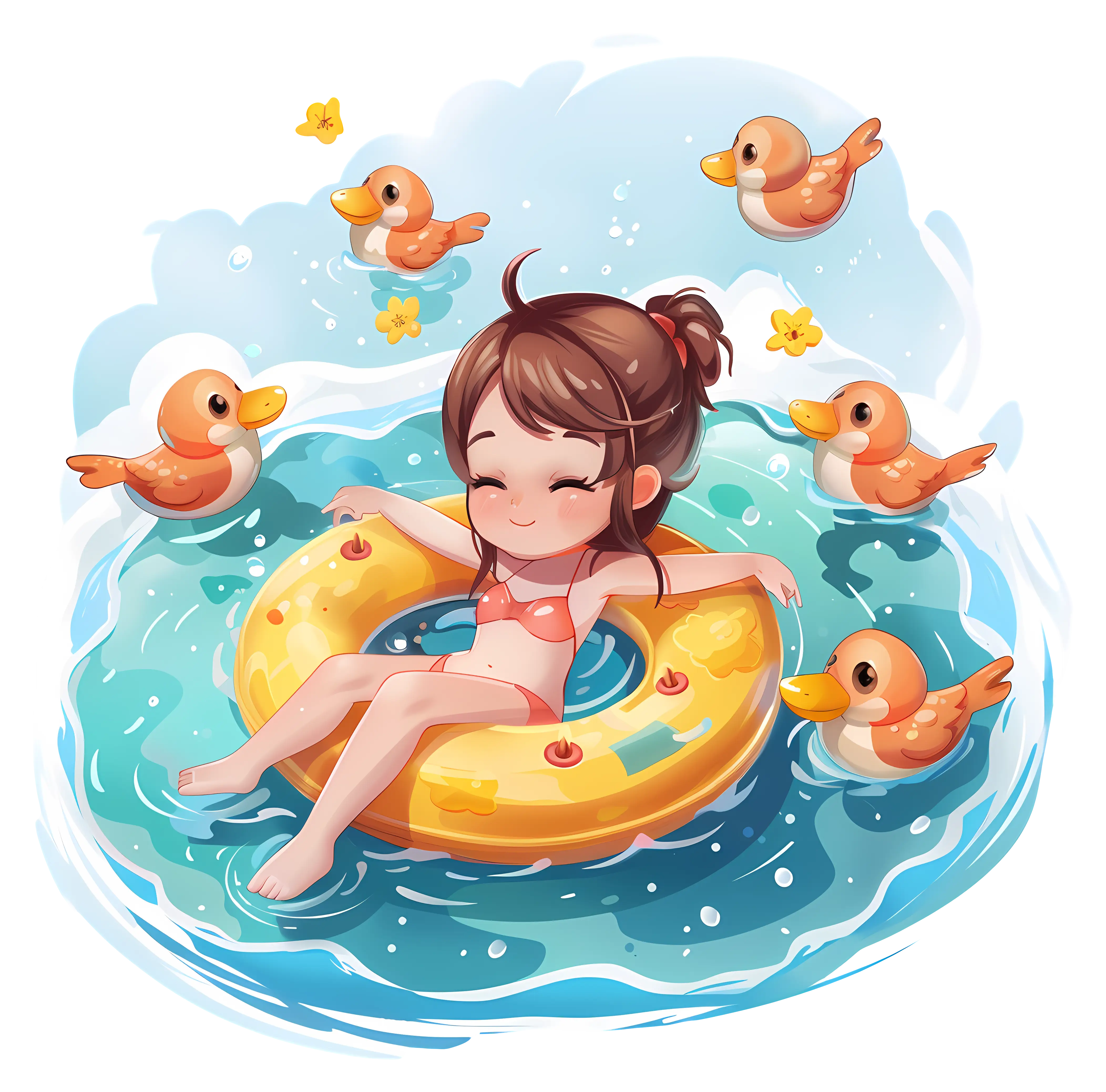 Girl Relaxing in Pool with Ducks