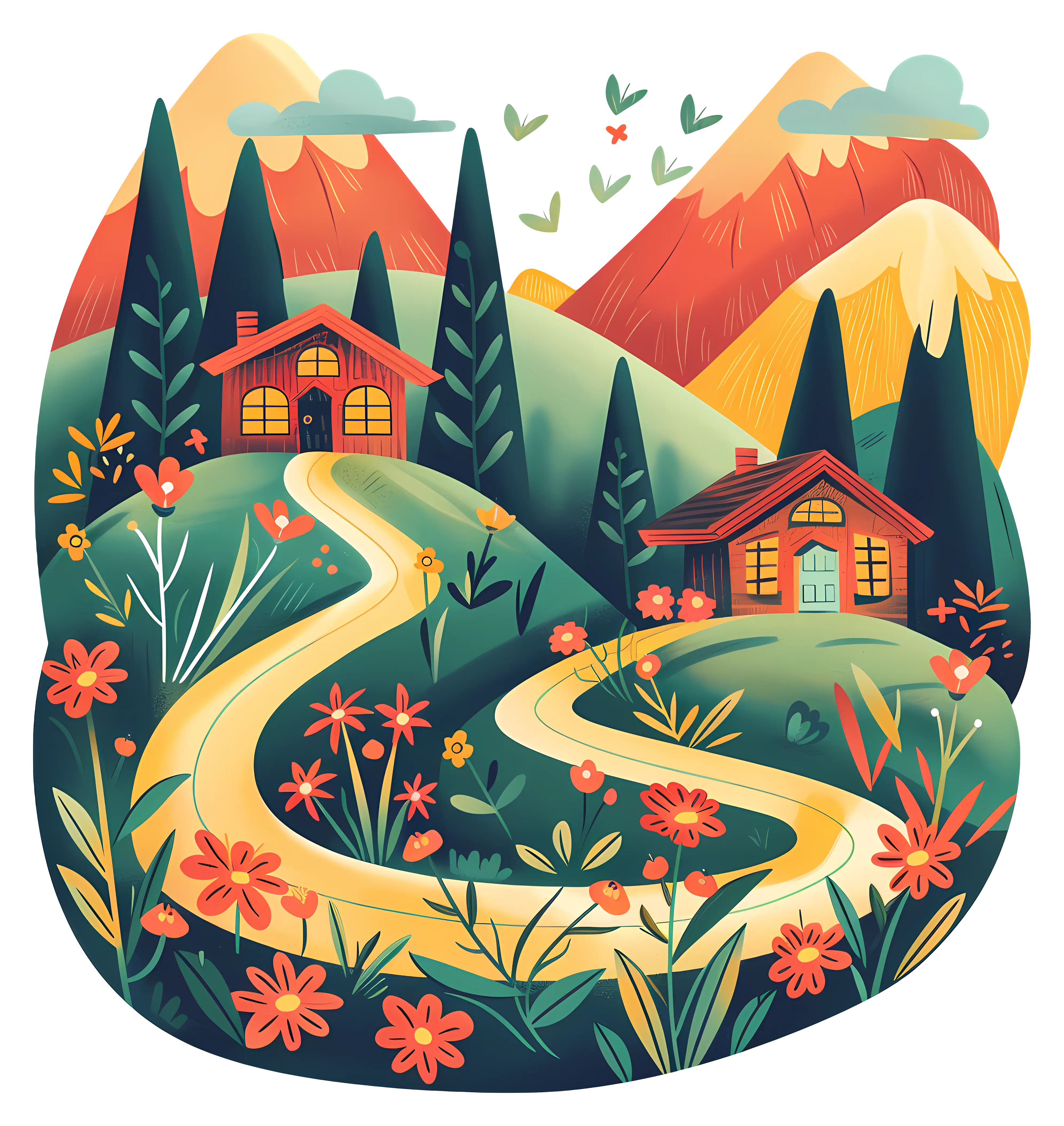 Colorful Mountain Village Illustration