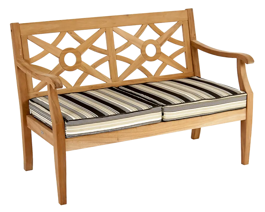 Wooden Bench with Striped Cushions for Relaxation