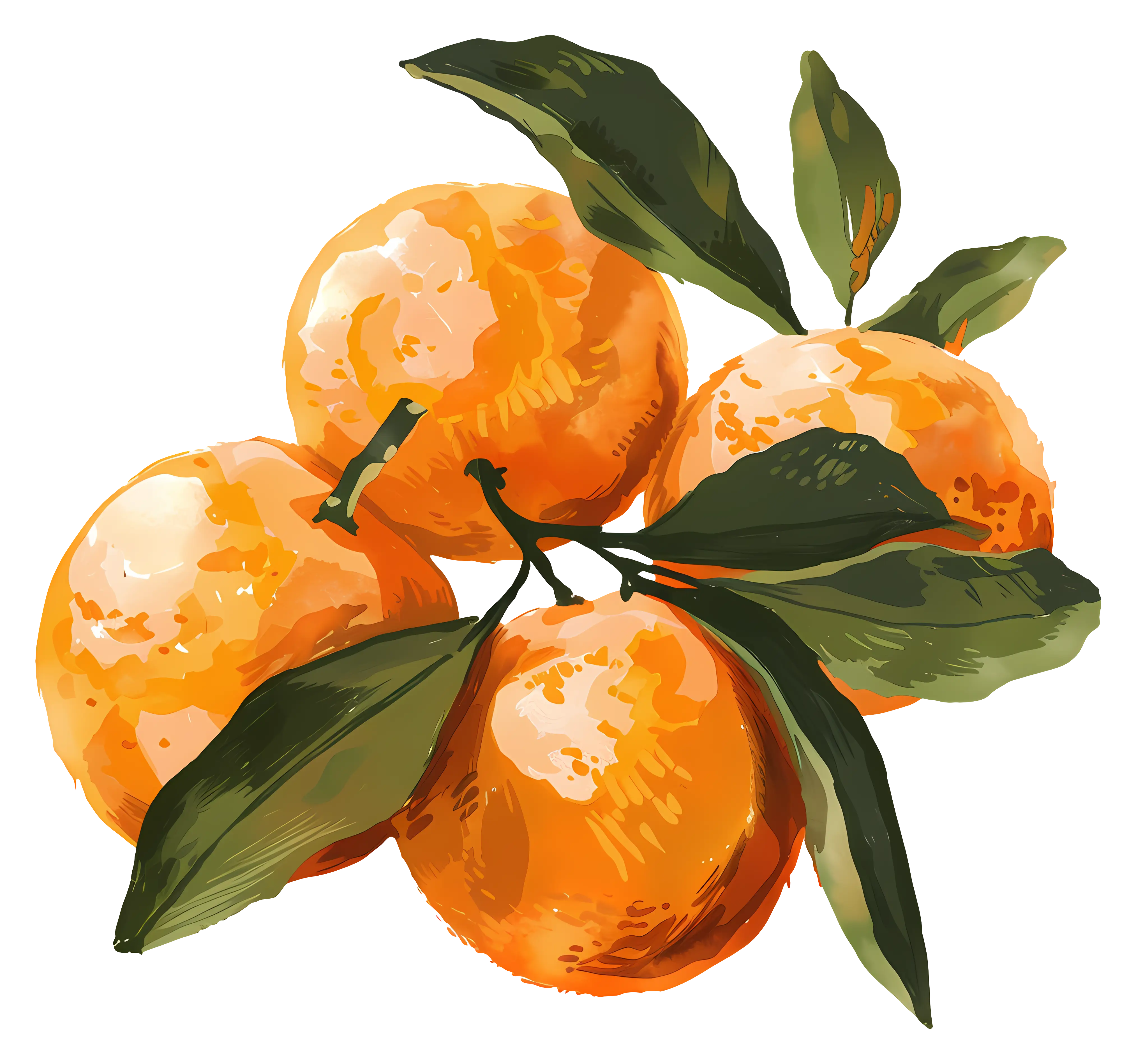 Four Juicy Oranges with Bright Leaves
