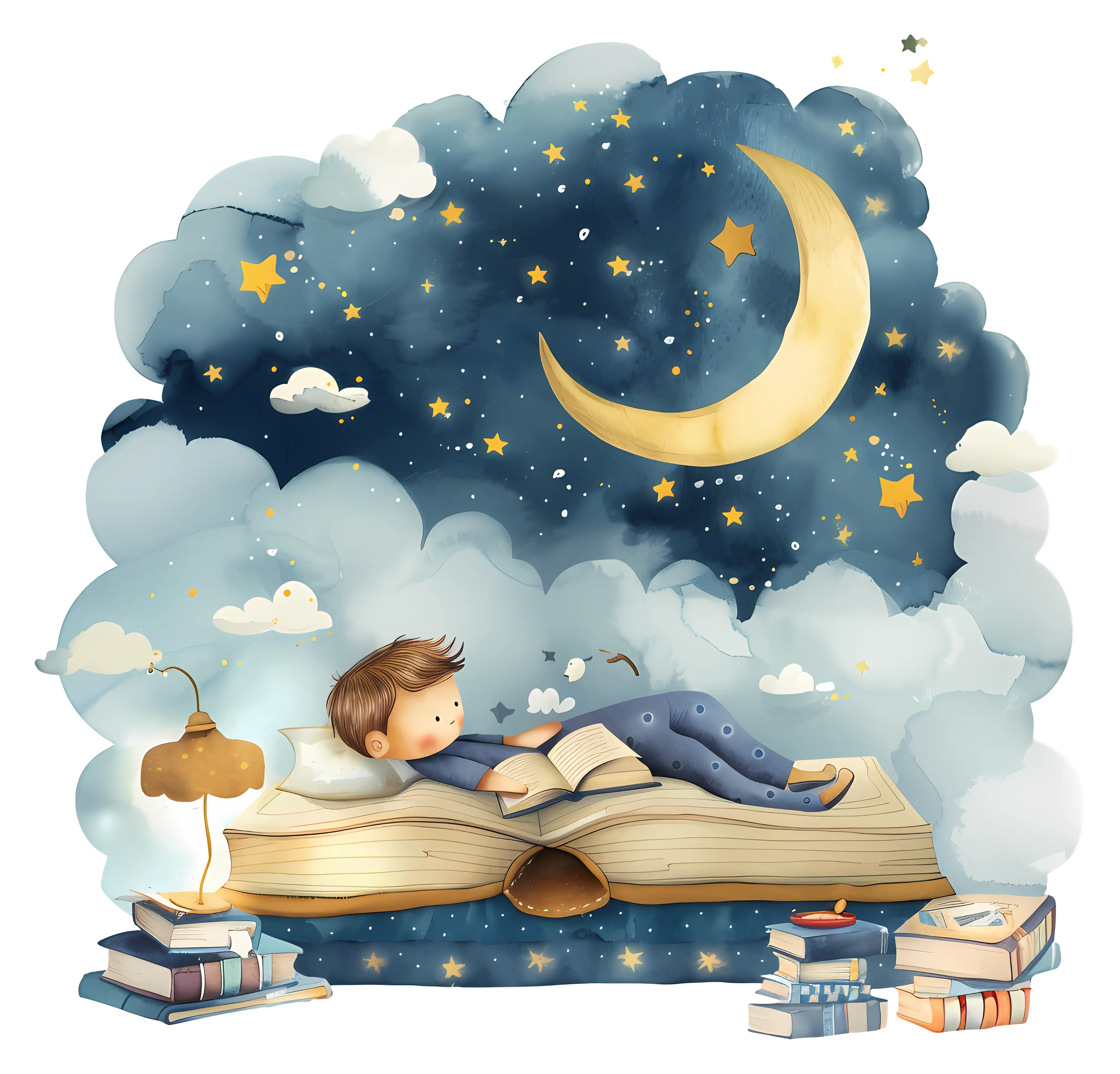 Child Reading on a Book under Starry Sky