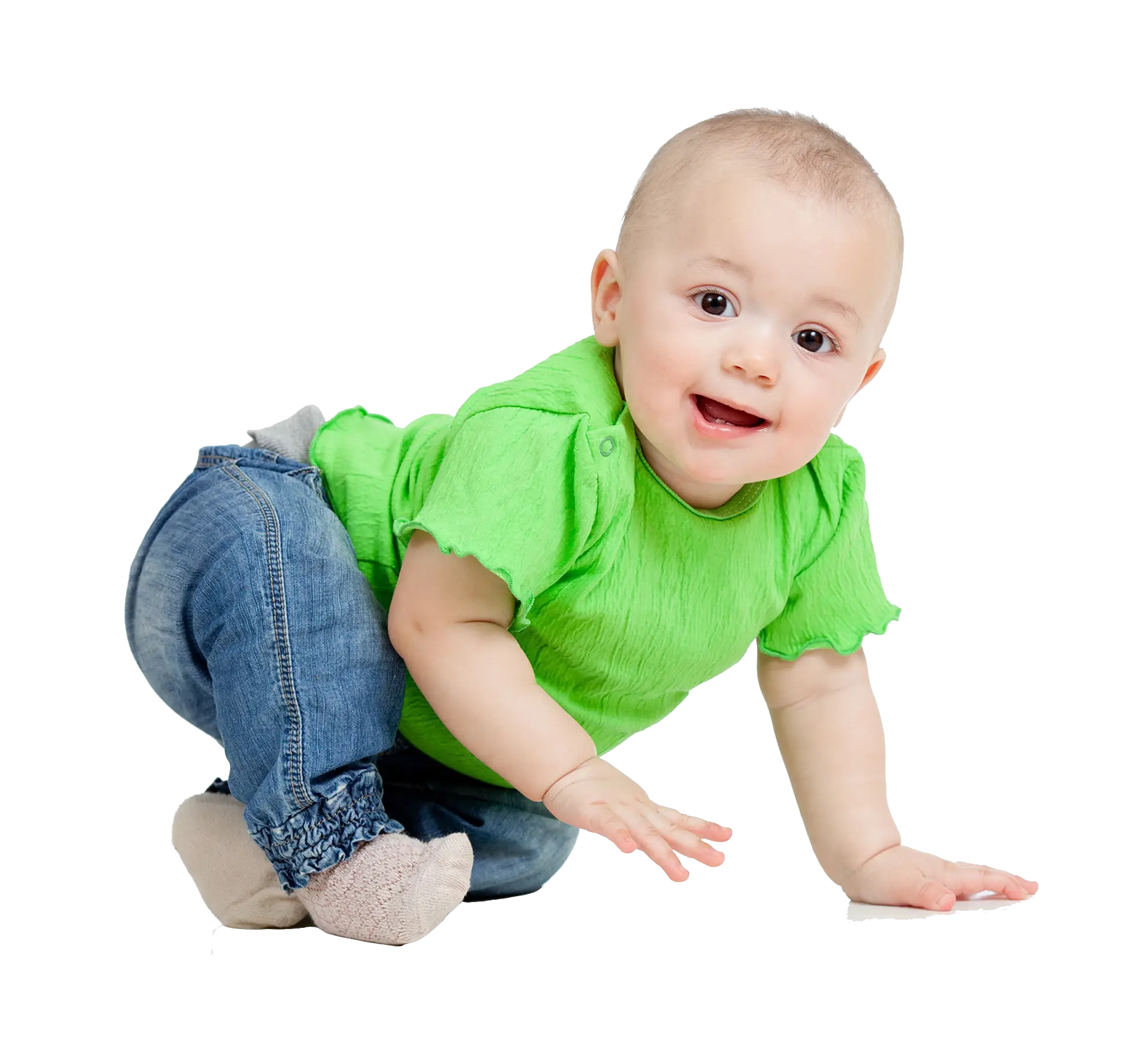 Crawling Baby in Green Shirt and Denim