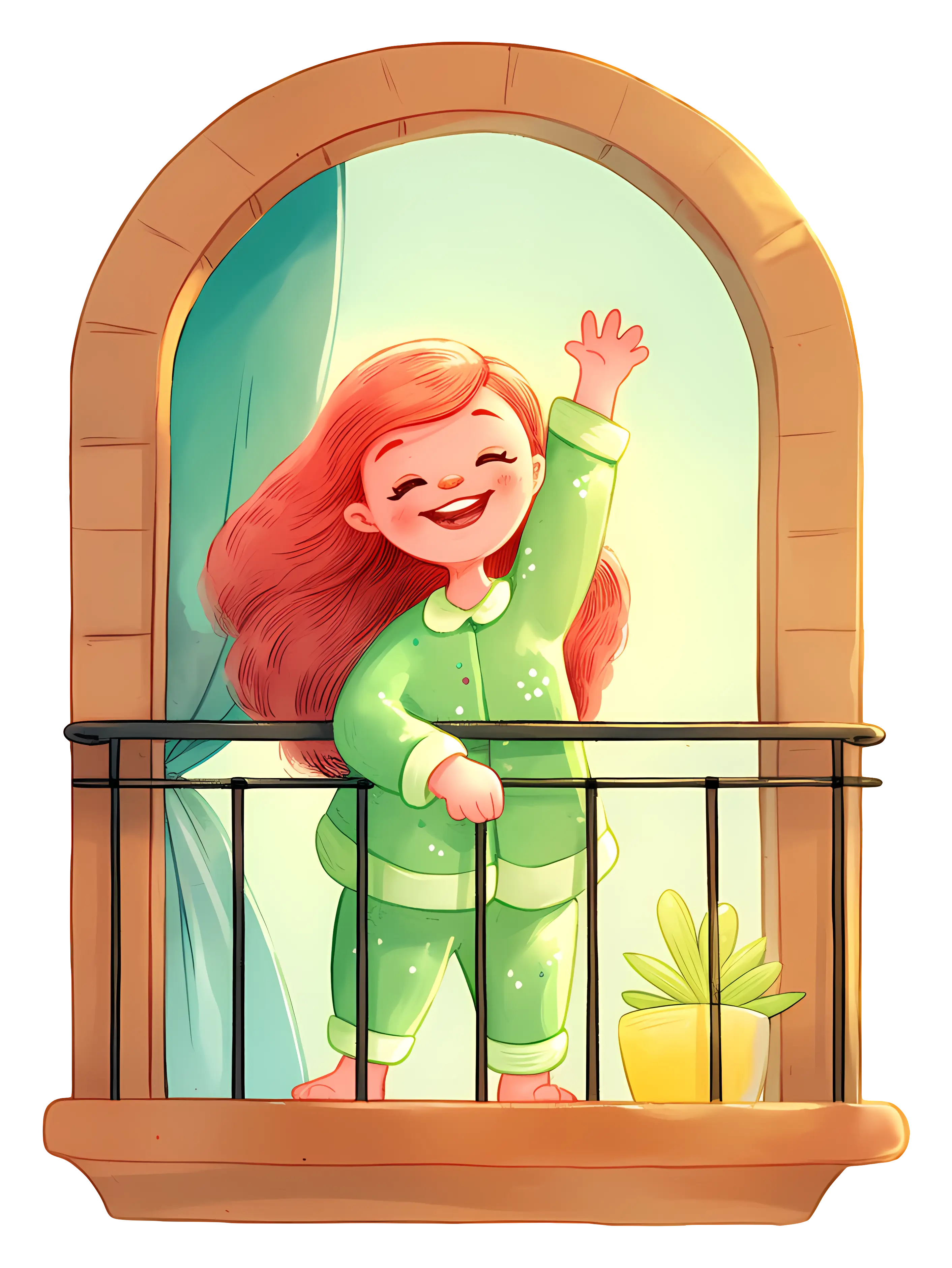 Girl Waving from Balcony