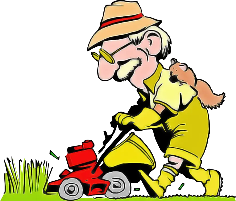Gardener Mowing Lawn with Pet
