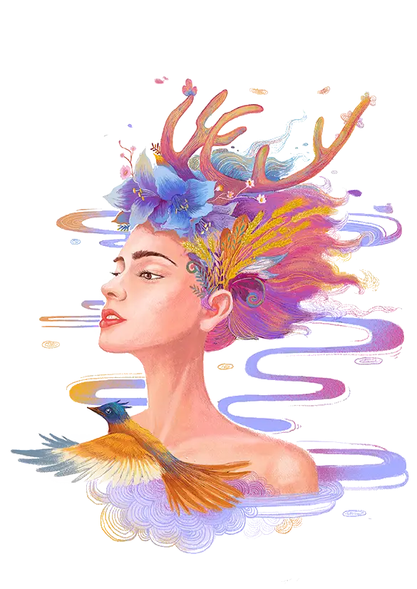 Fantasy Woman with Antlers and Bird