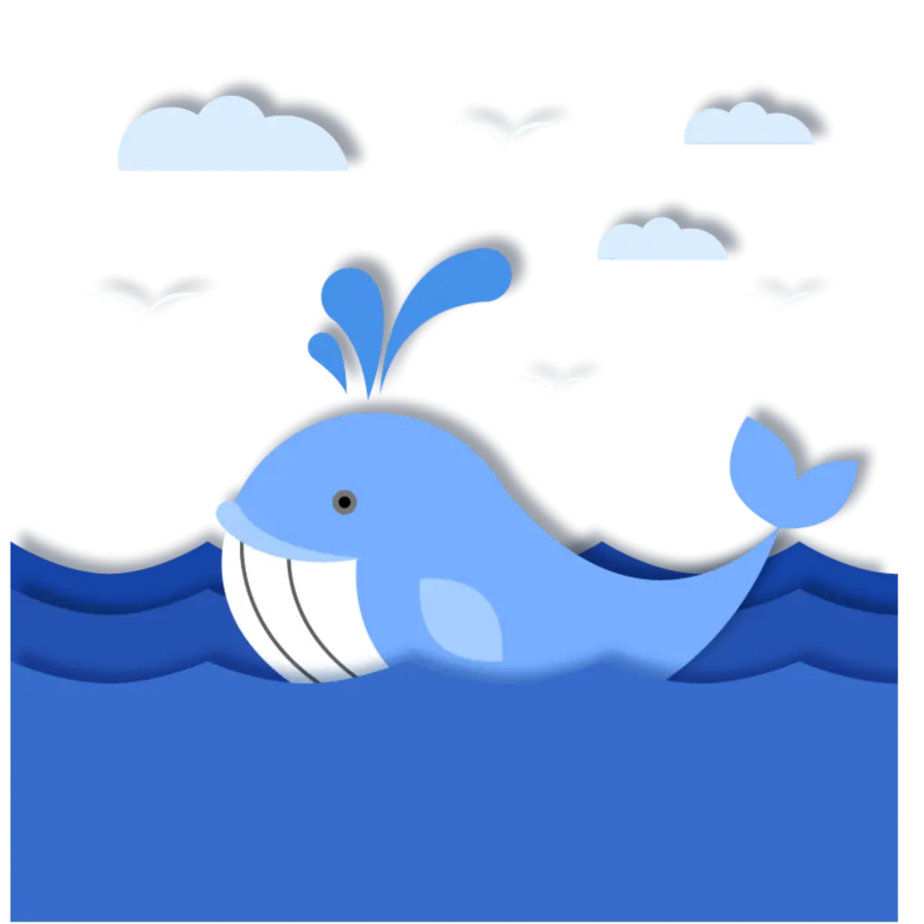 Whimsical Blue Cartoon Whale in the Ocean