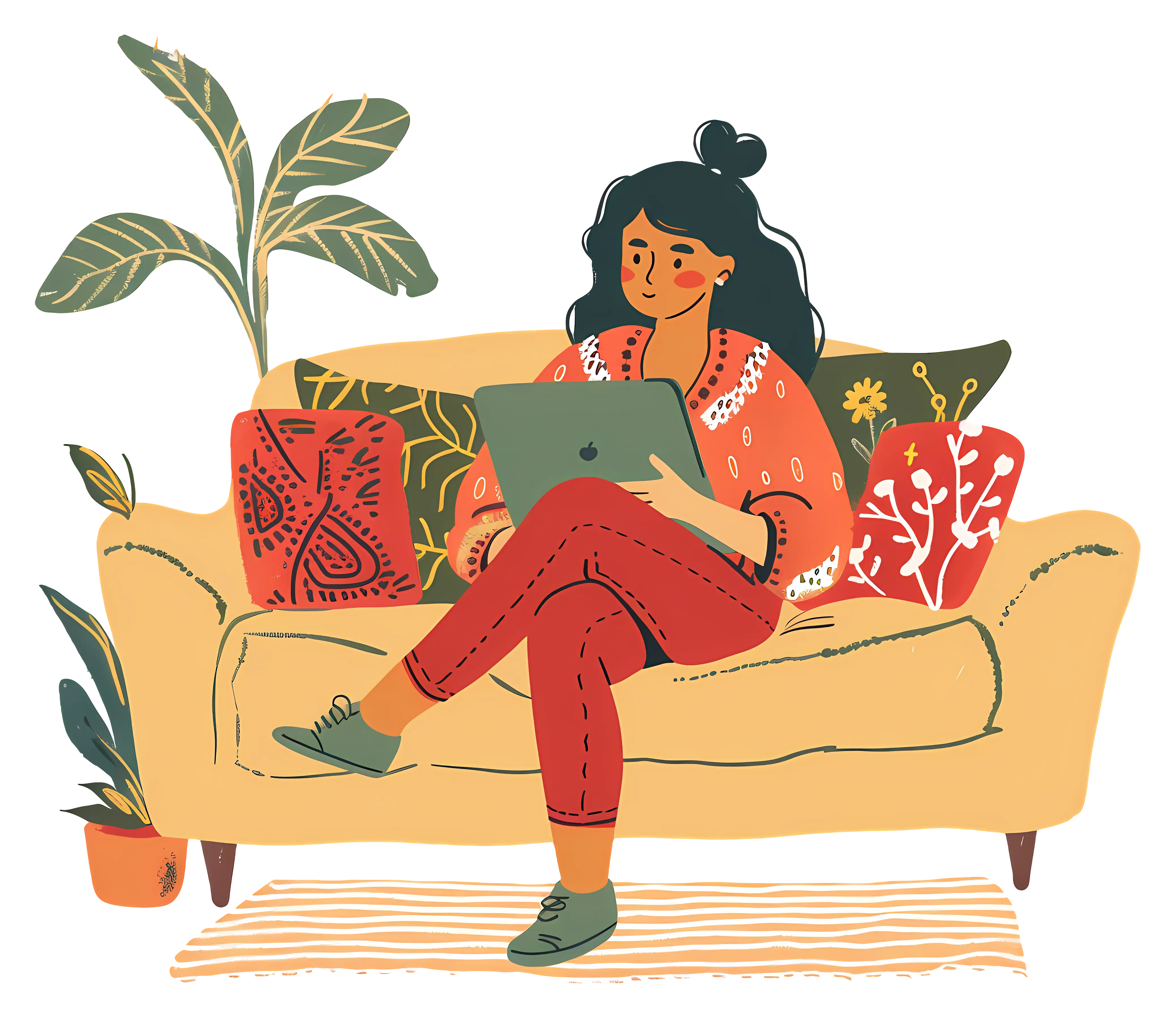 Illustration of Woman Relaxing on Couch with Laptop