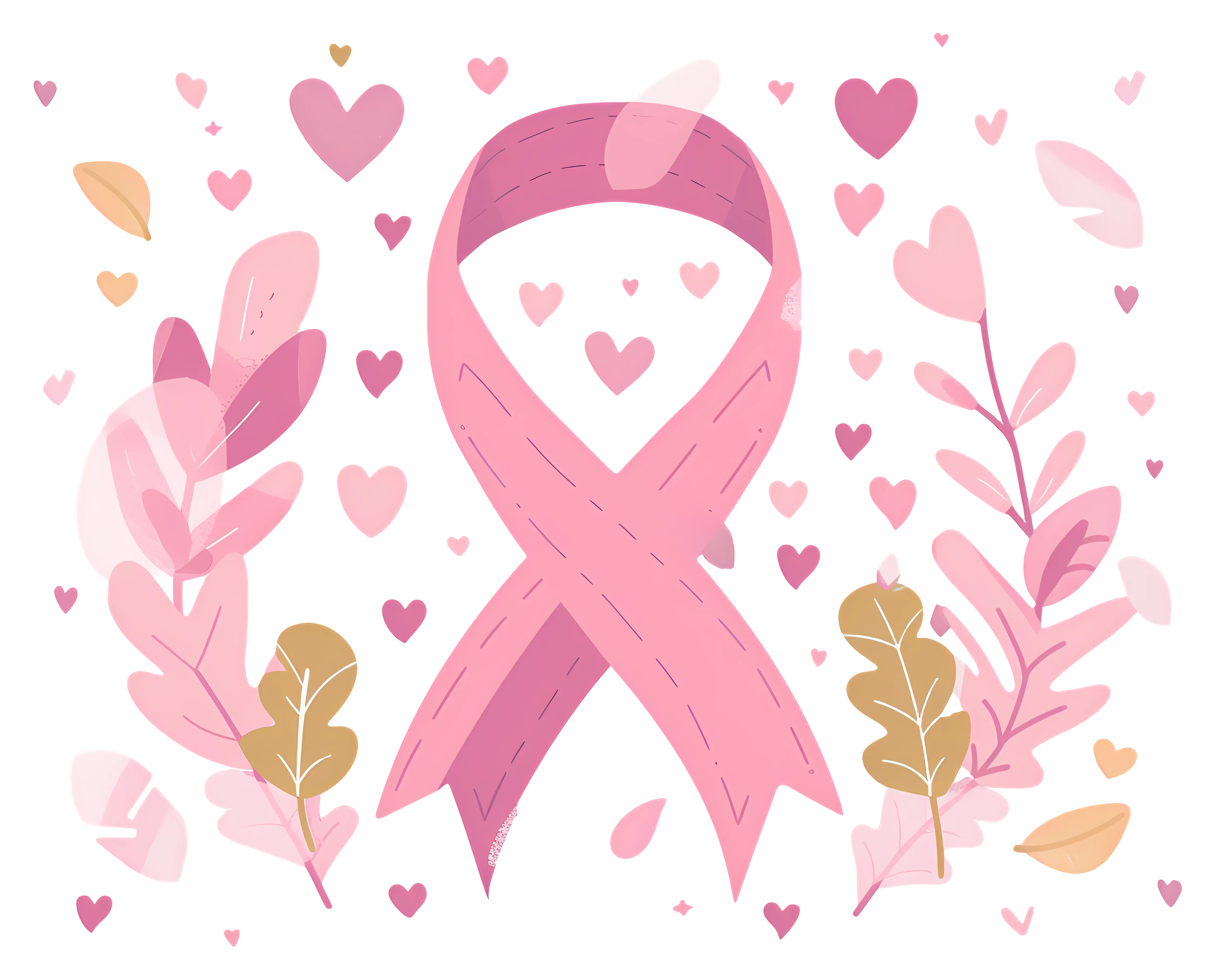 Pink Ribbon with Decorative Hearts and Leaves