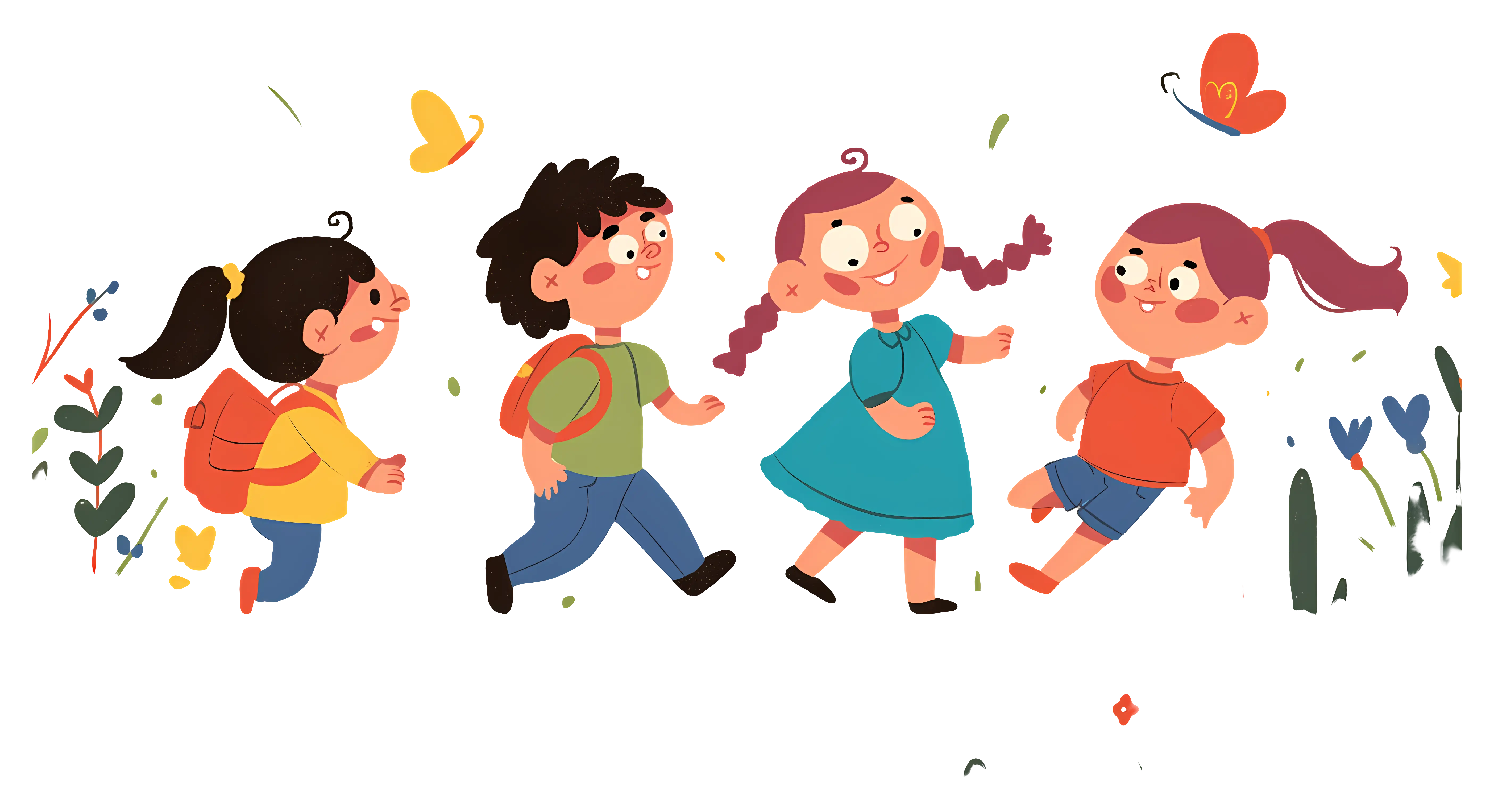 Happy Children Walking with Backpacks