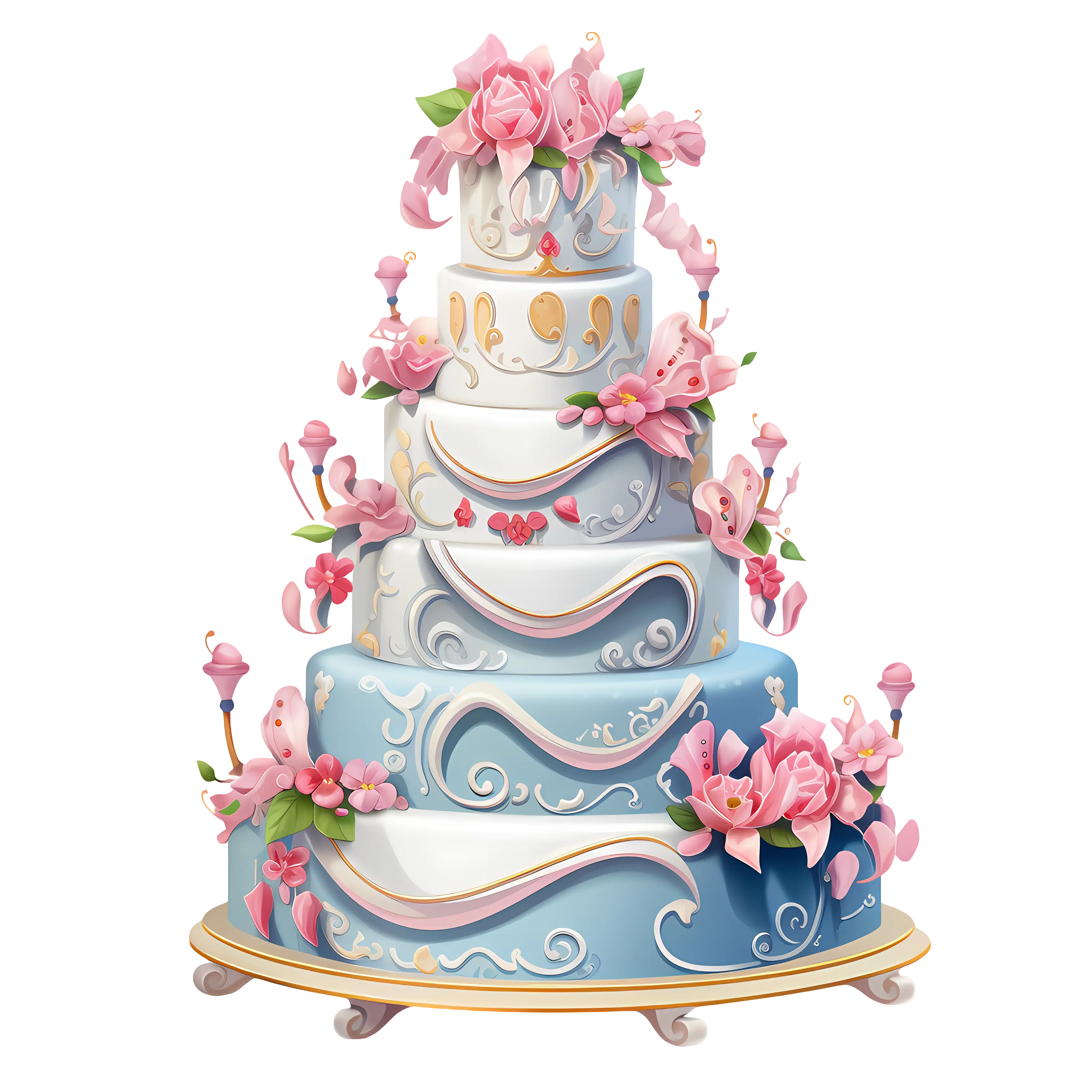 Elegant Blue and White Tiered Floral Wedding Cake