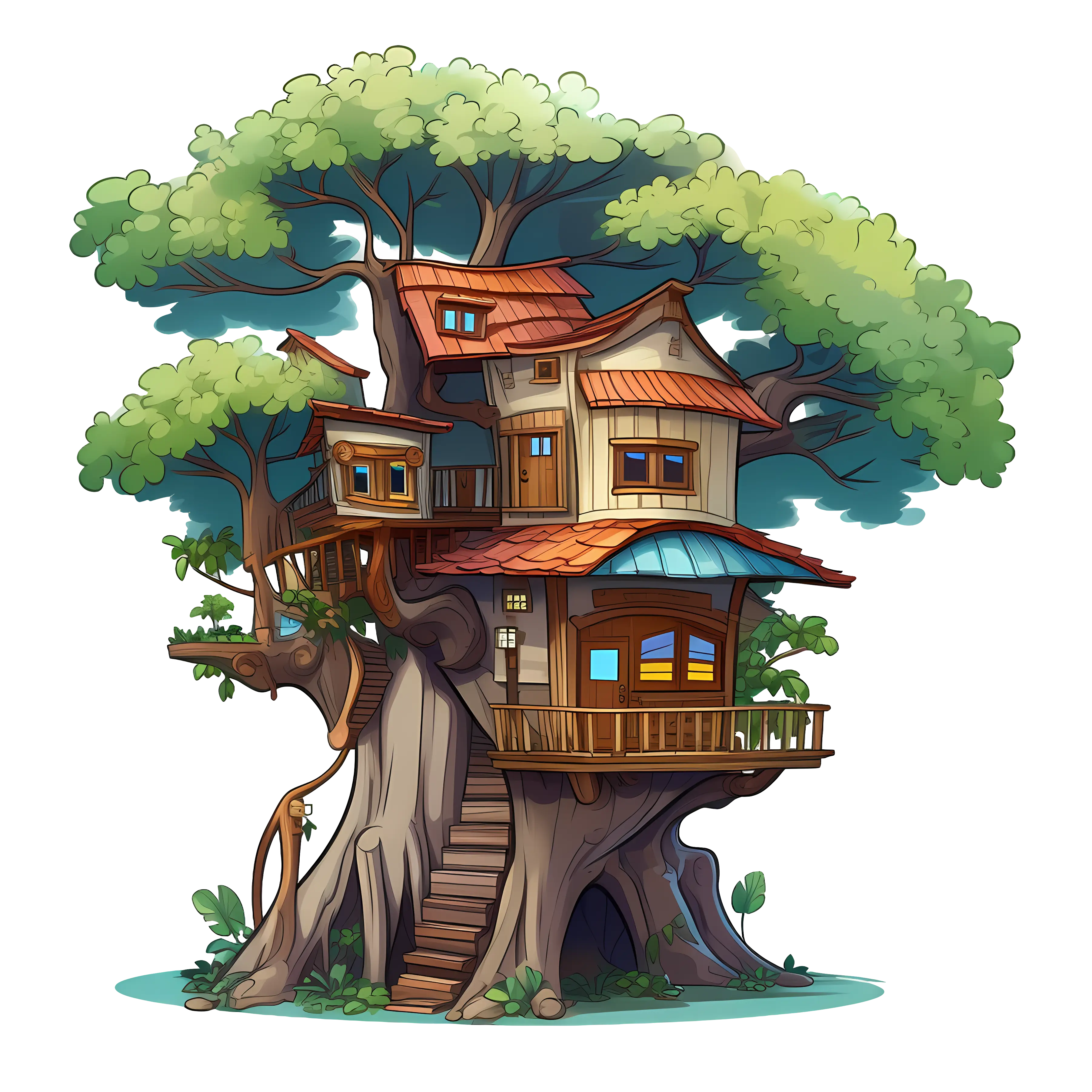 Treehouse with Wooden Structures in Nature