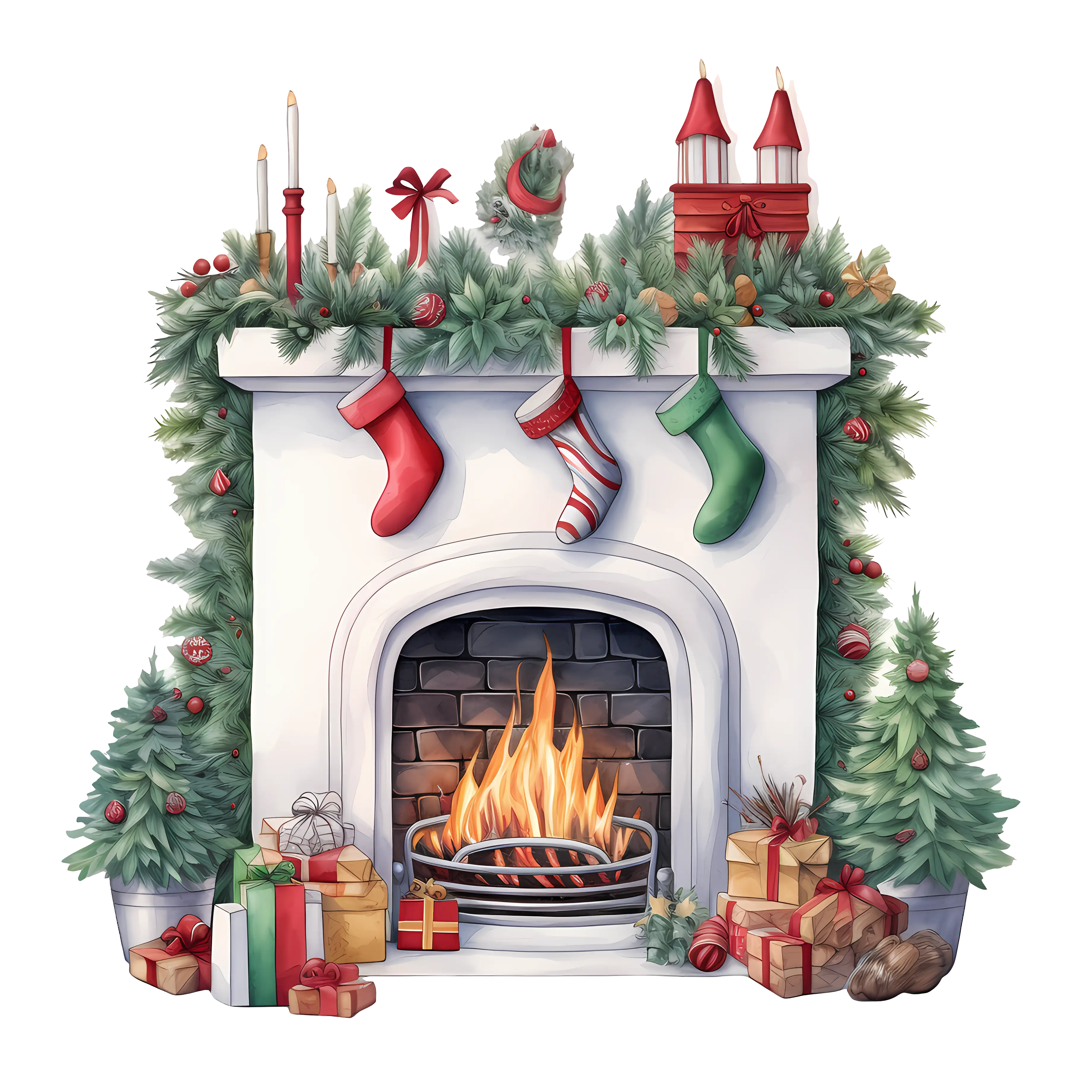 Festive Christmas Fireplace Scene with Stockings and Gifts