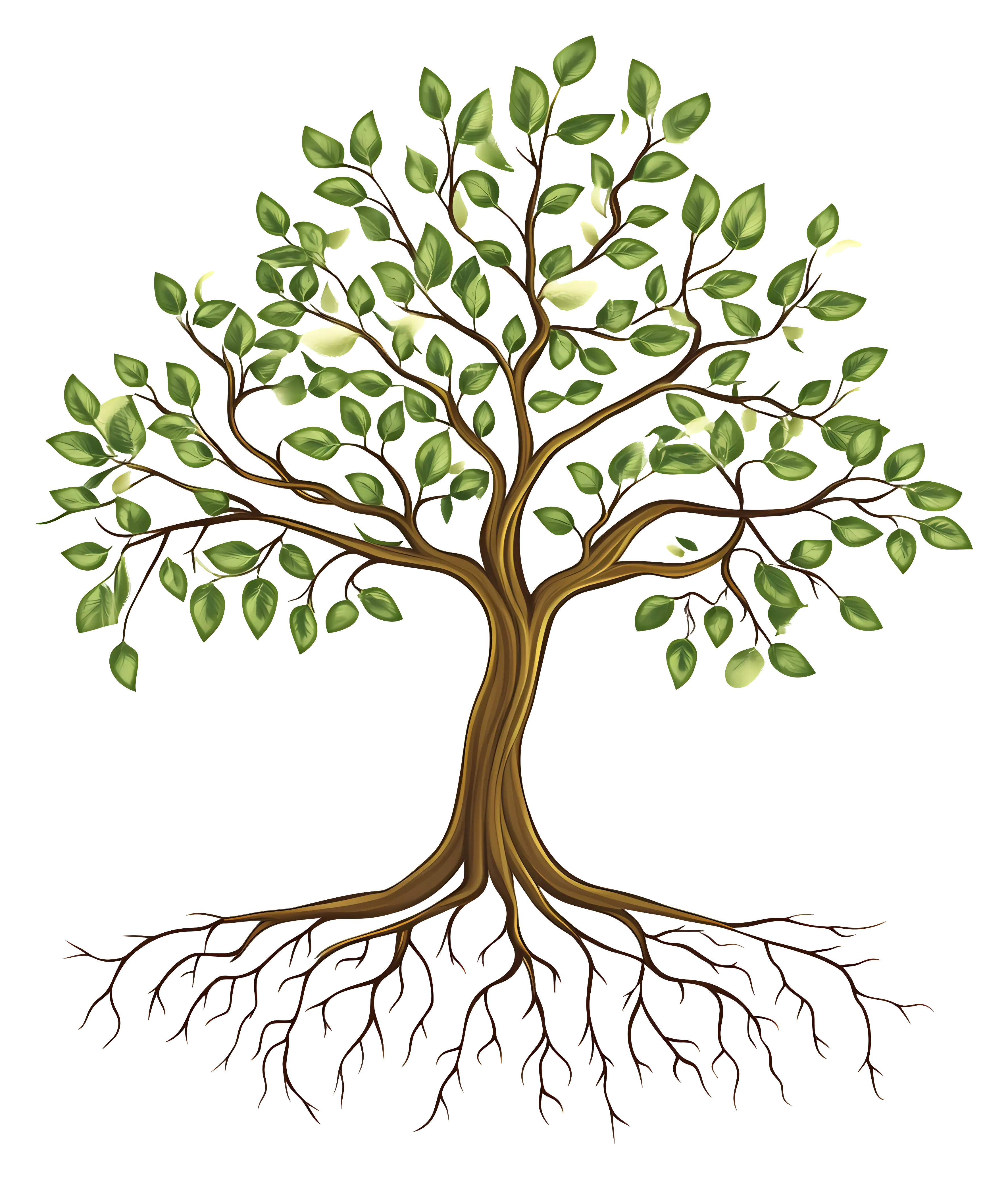Tree with Lush Leaves and Root System