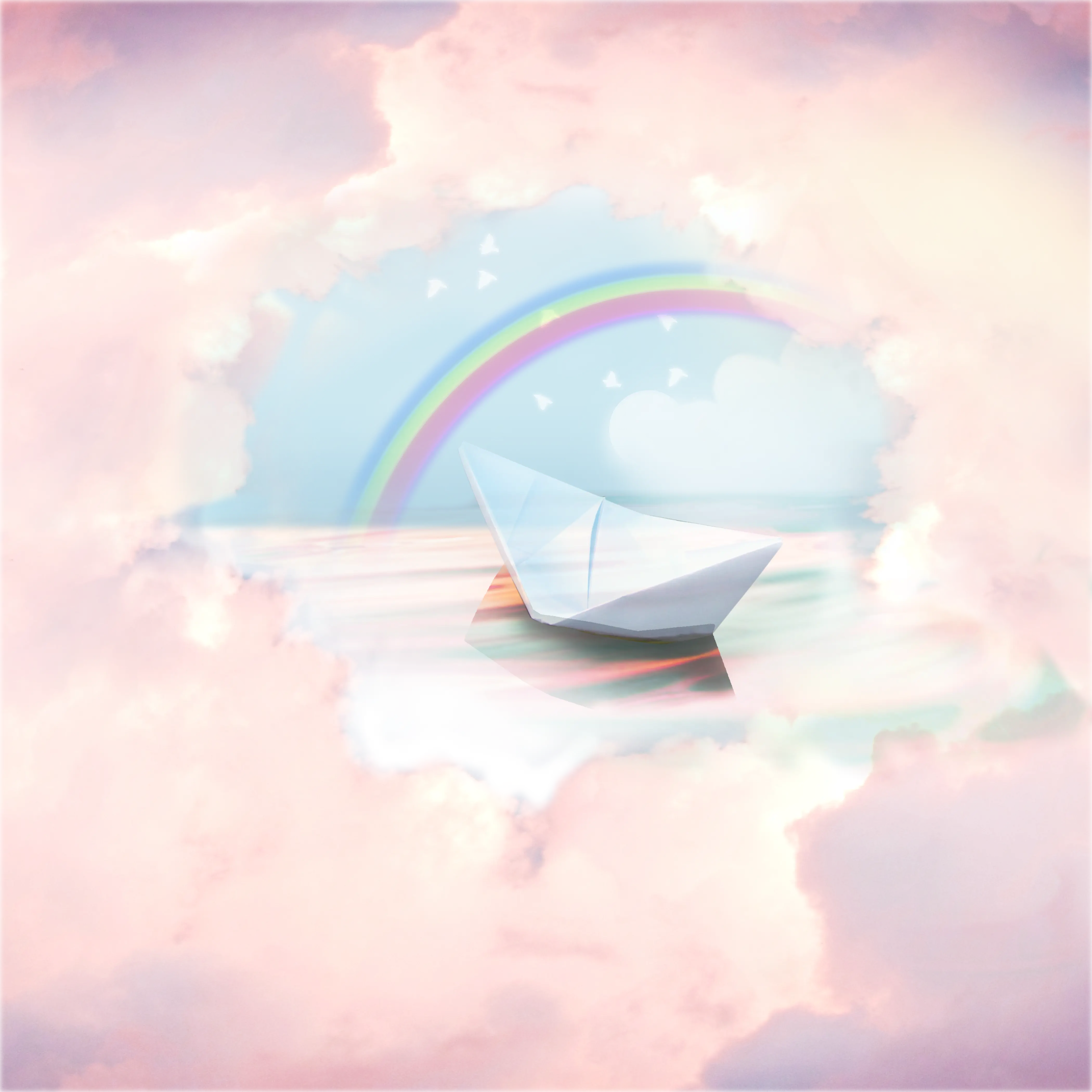Paper Boat with Rainbow and Clouds