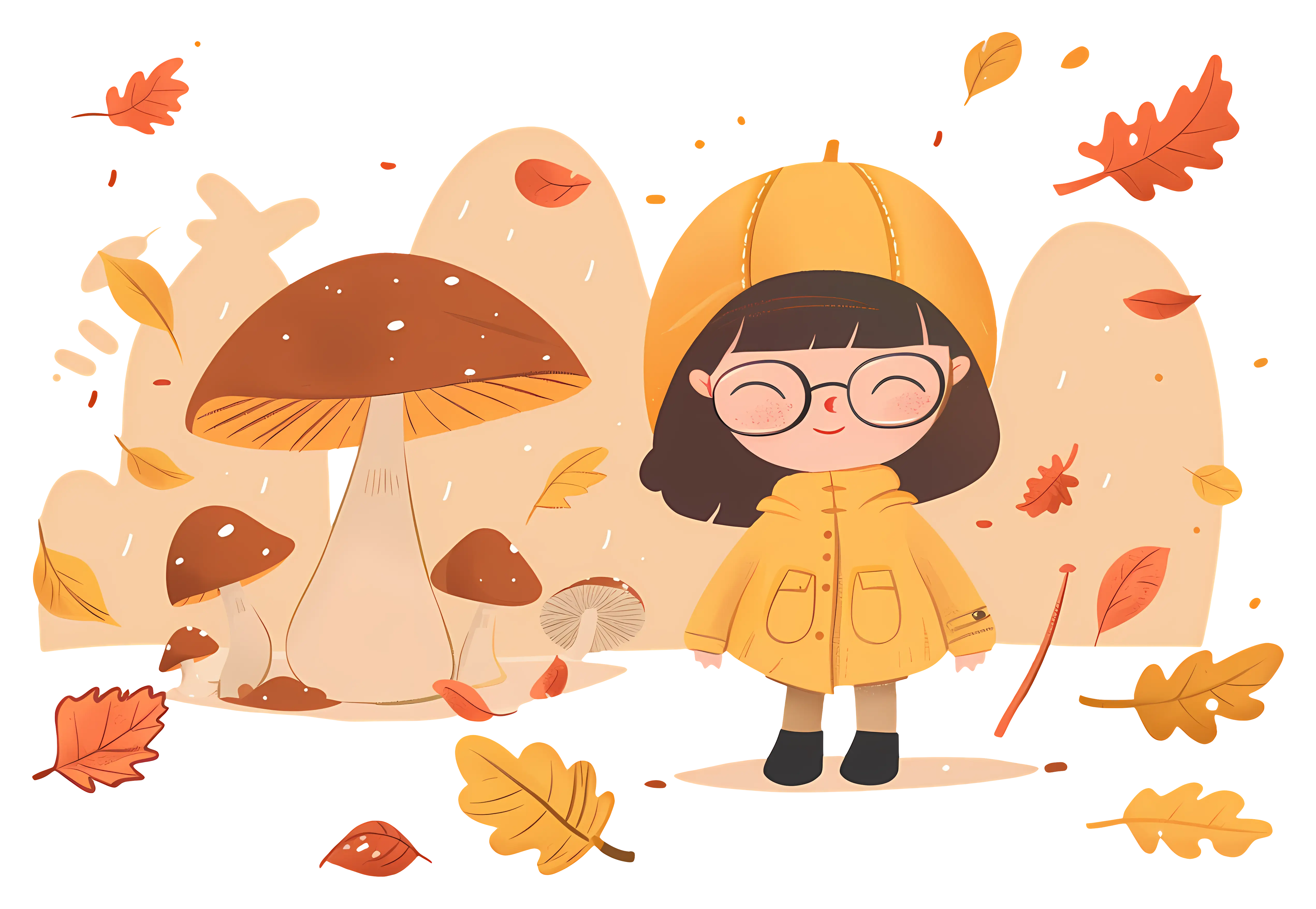 Cartoon Girl in Autumn Forest with Mushrooms