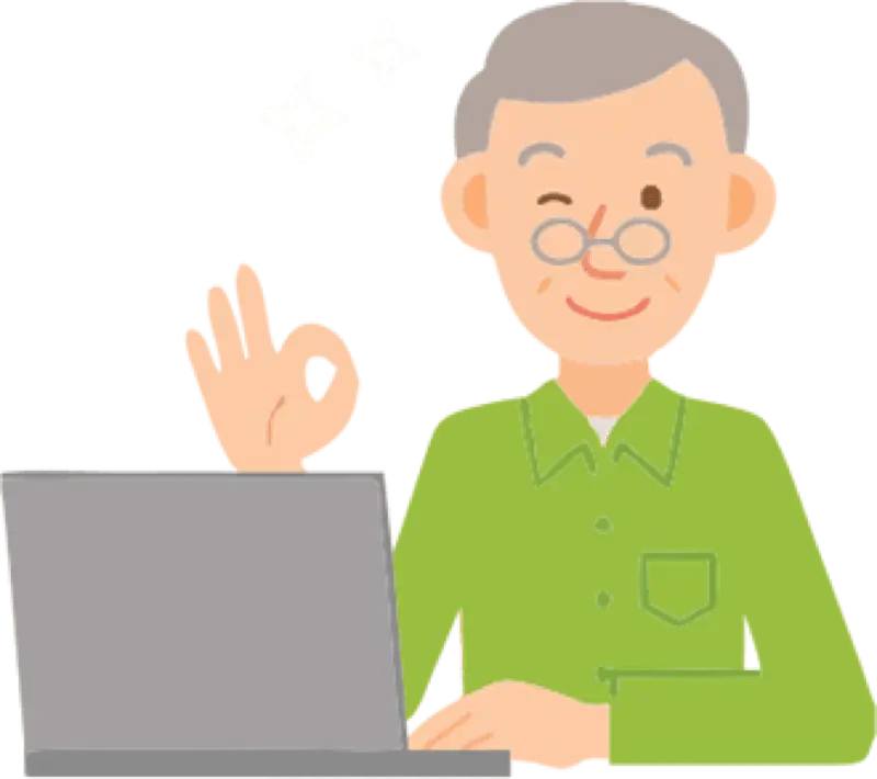 Elderly man with laptop giving OK sign