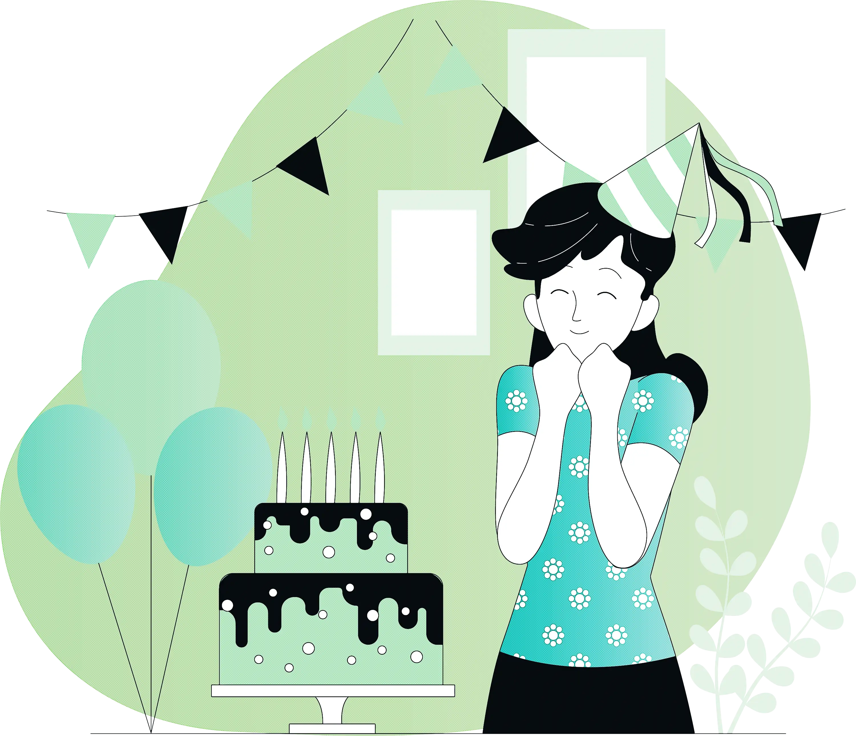 Cartoon Birthday Celebration with Cake and Balloons